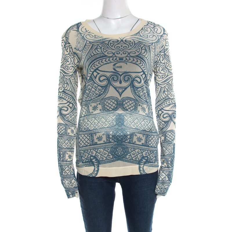 Pre Owned Just Cavalli Cream and Teal Printed Nylon Mesh Long Sleeve Sheer Top L