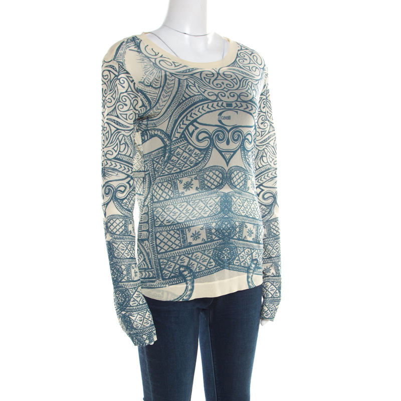 

Just Cavalli Cream and Teal Printed Nylon Mesh Long Sleeve Sheer Top