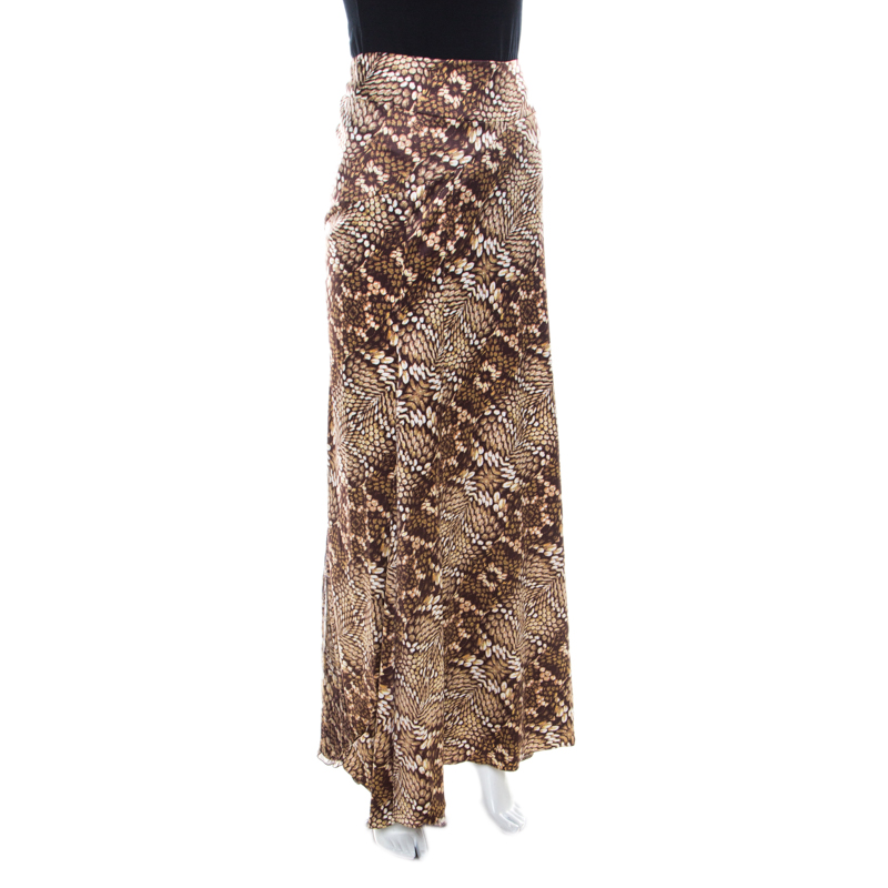 

Just Cavalli Brown Snake Print Silk Satin Flared Maxi Skirt