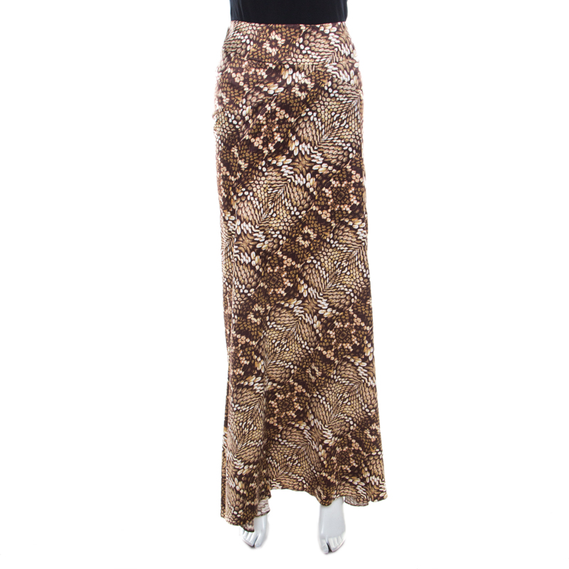 Pre Owned Just Cavalli Brown Snake Print Silk Satin Flared Maxi Skirt M 