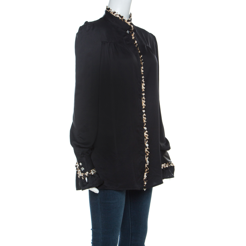 

Just Cavalli Black Satin and Leopard Pleated Trim Button Front Blouse