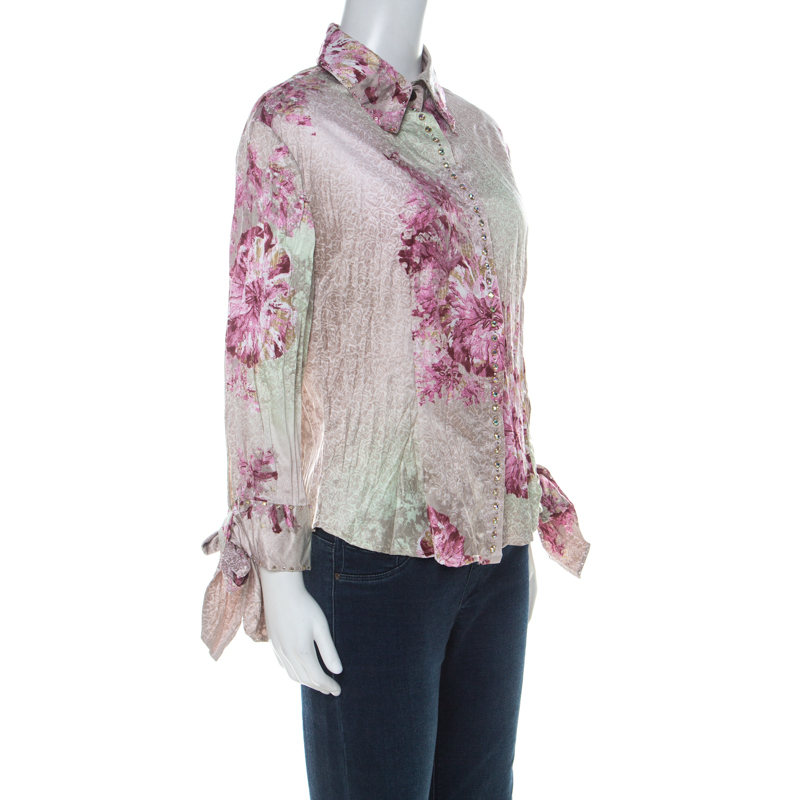 

Just Cavalli Pink and Green Floral Printed Crinkled Satin Crystal Embellished Shirt