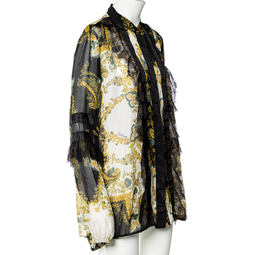 

Just Cavalli Black Printed Silk Lace Trim Button Up Blouse