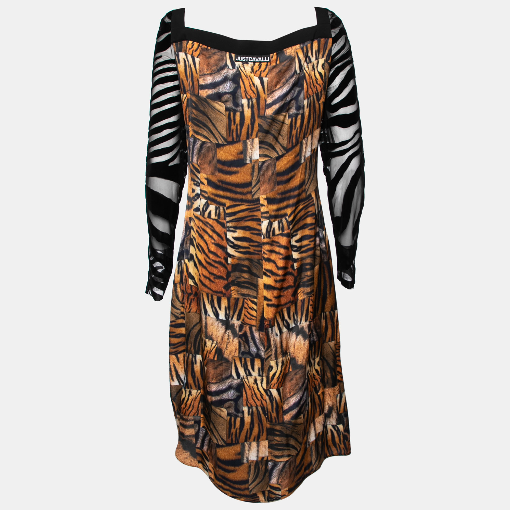 

Just Cavalli Brown and Black Animal Patch Print Satin Dress