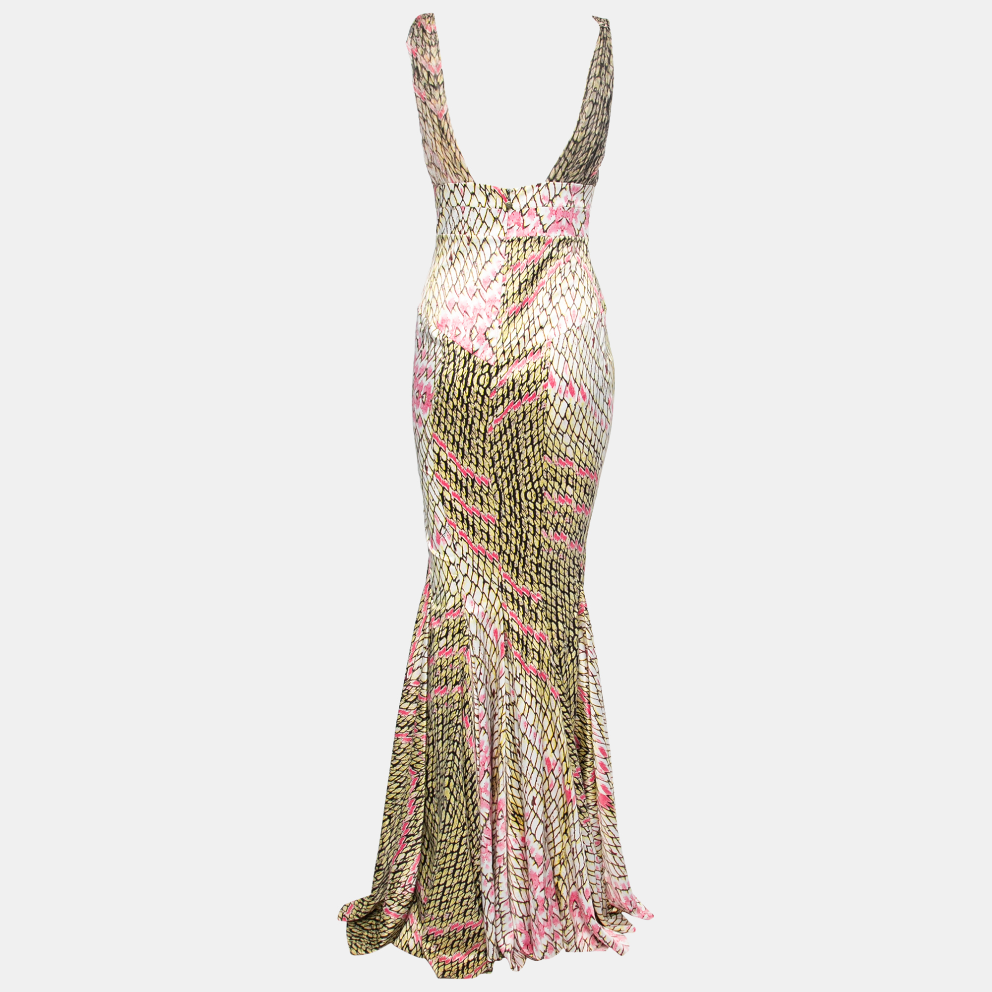 

Just Cavalli Multicolor Printed Satin Chiffon Detailed Plunging Neck Flared Hem Maxi Dress