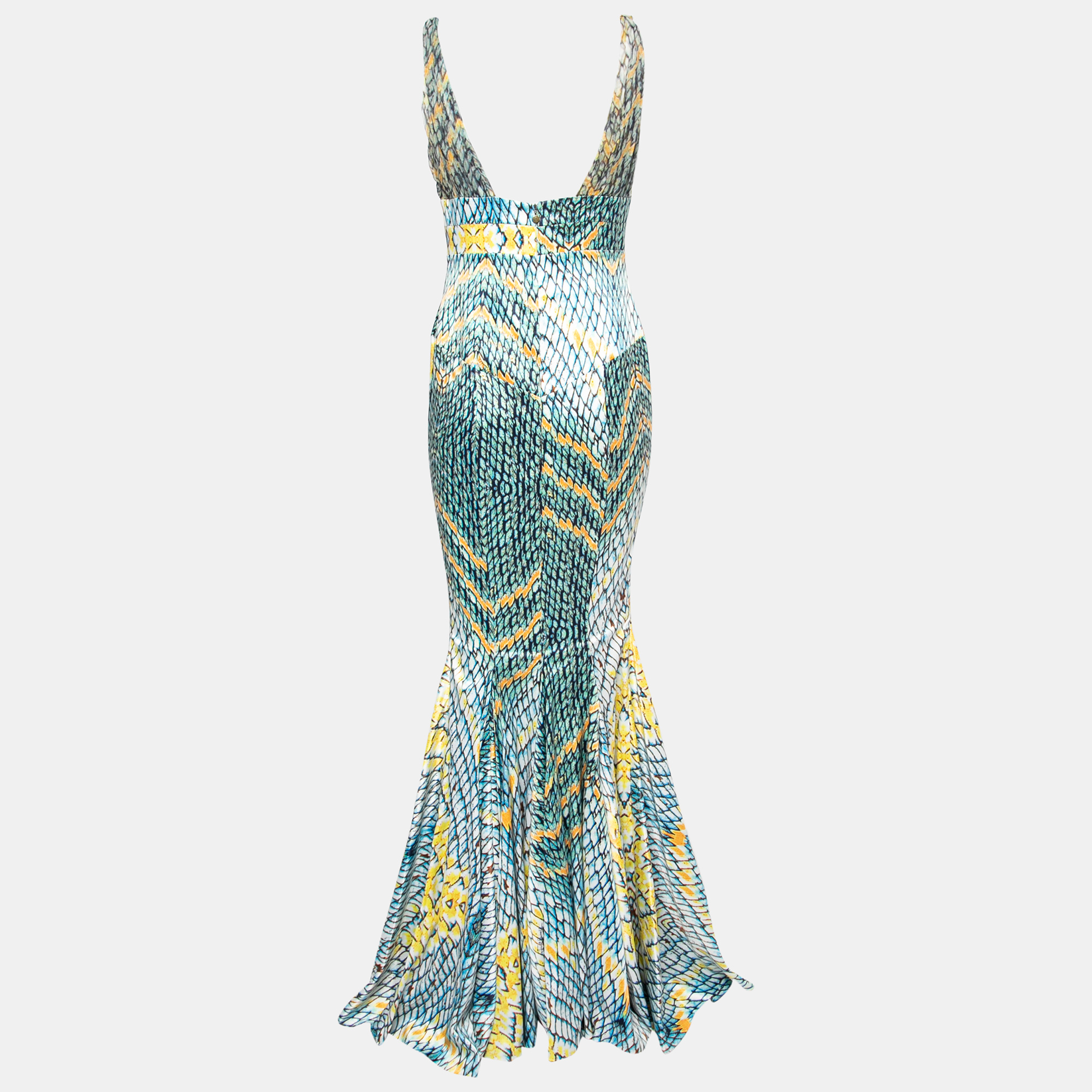 

Just Cavalli Blue Printed Satin Chiffon Detailed Plunging Neck Flared Hem Maxi Dress