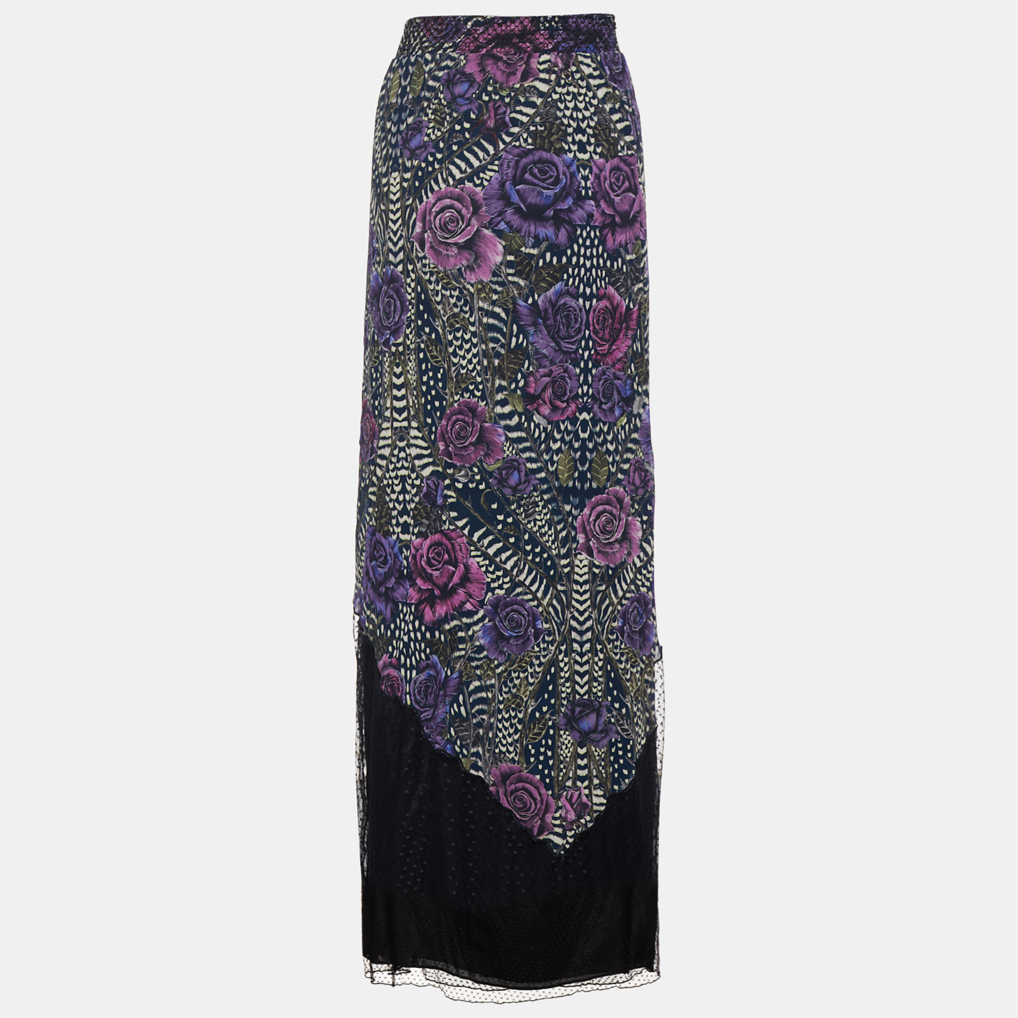 

Just Cavalli Black Floral Printed Crepe & Tulle Paneled Maxi Skirt