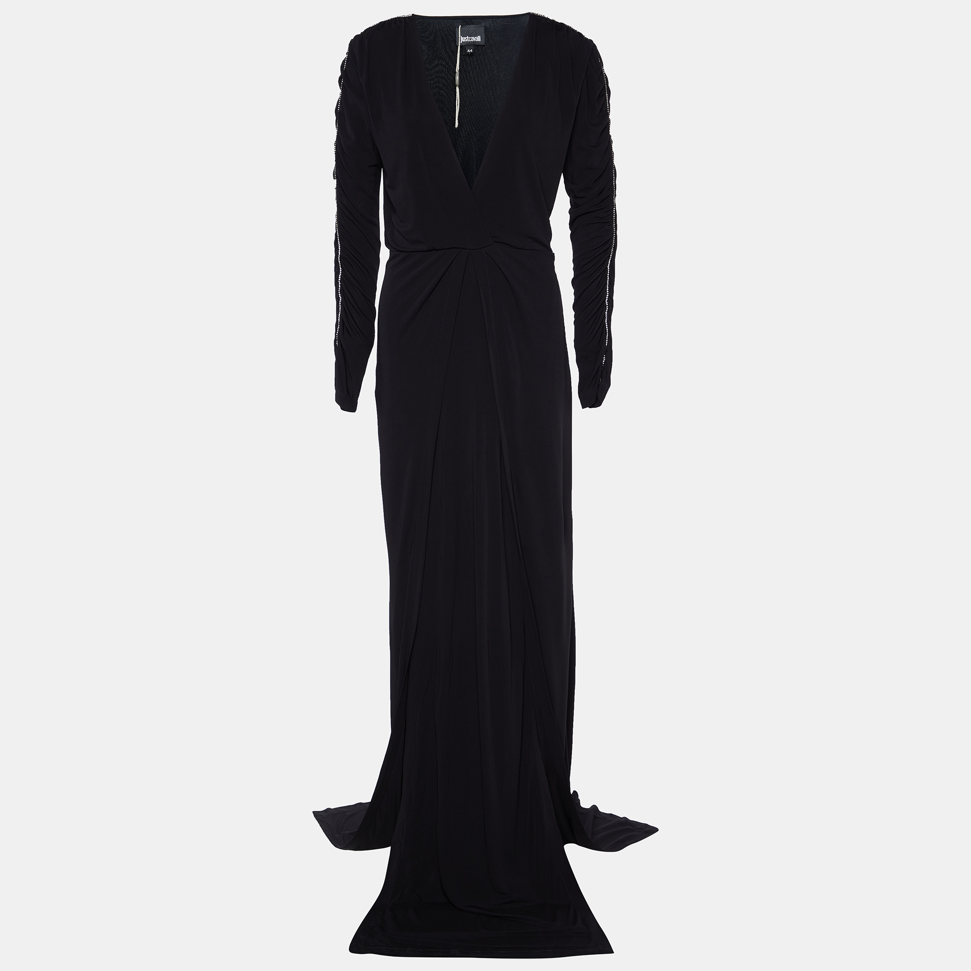 

Just Cavalli Black Jersey Crystal Ruched Sleeve Gown