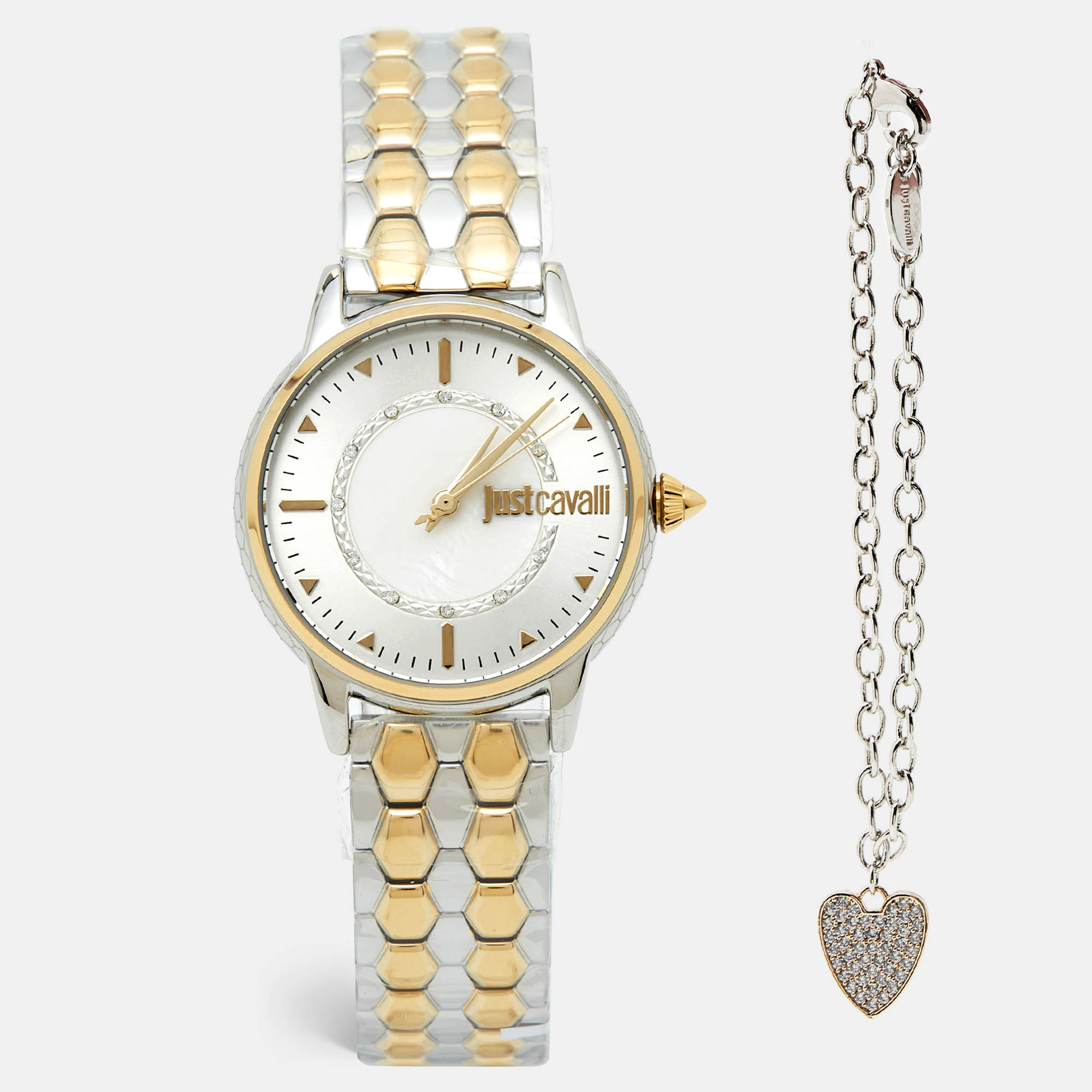 

Just Cavalli Silver Mother of Pearl Two-Tone Stainless Steel Valentines JC1L149M0075 Women's Wristwatch and Bracelet Set