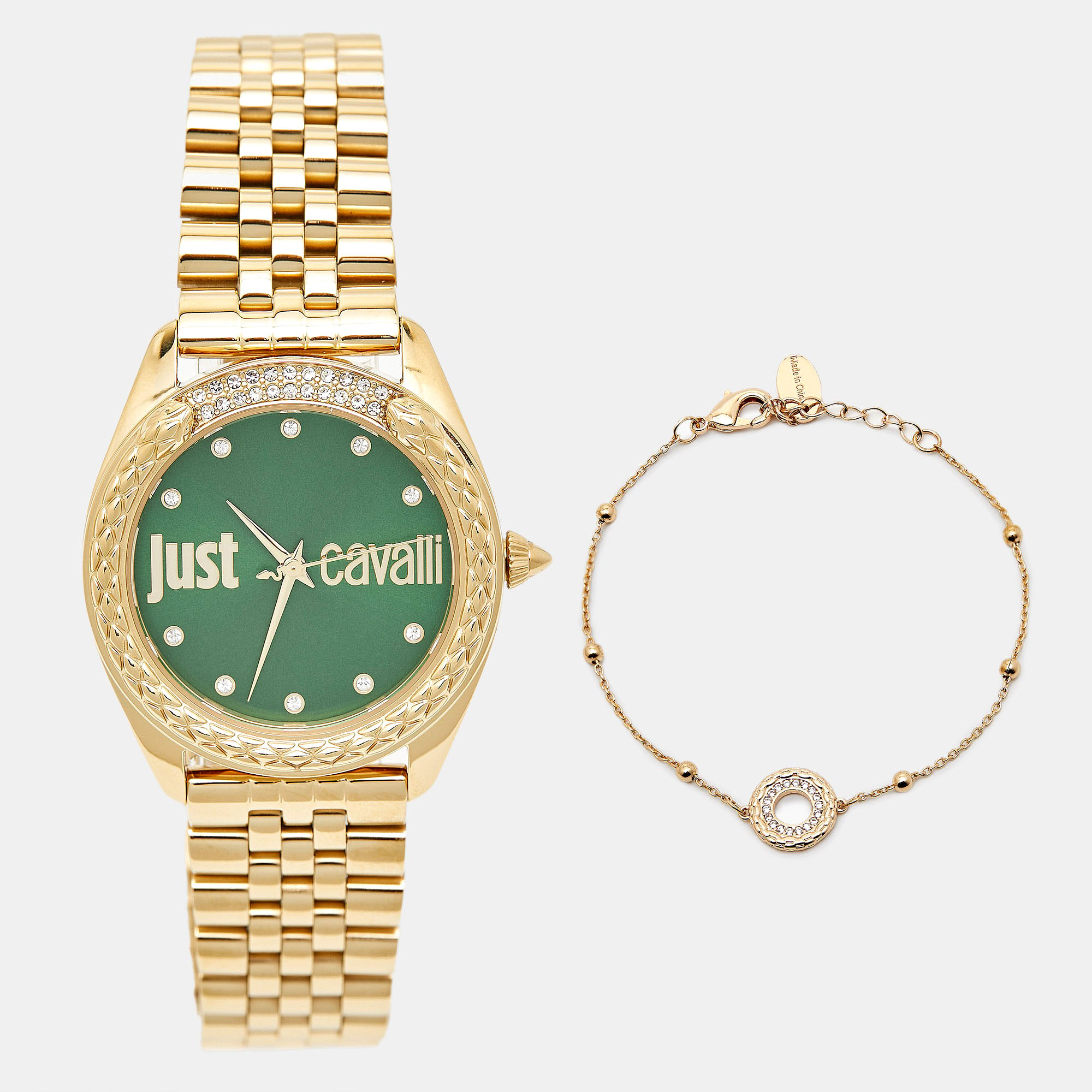 

Just Cavalli Brillante JC1L195M0075 Green Dial Gold Tone Stainless Steel Crystal Women's Wristwatch Set