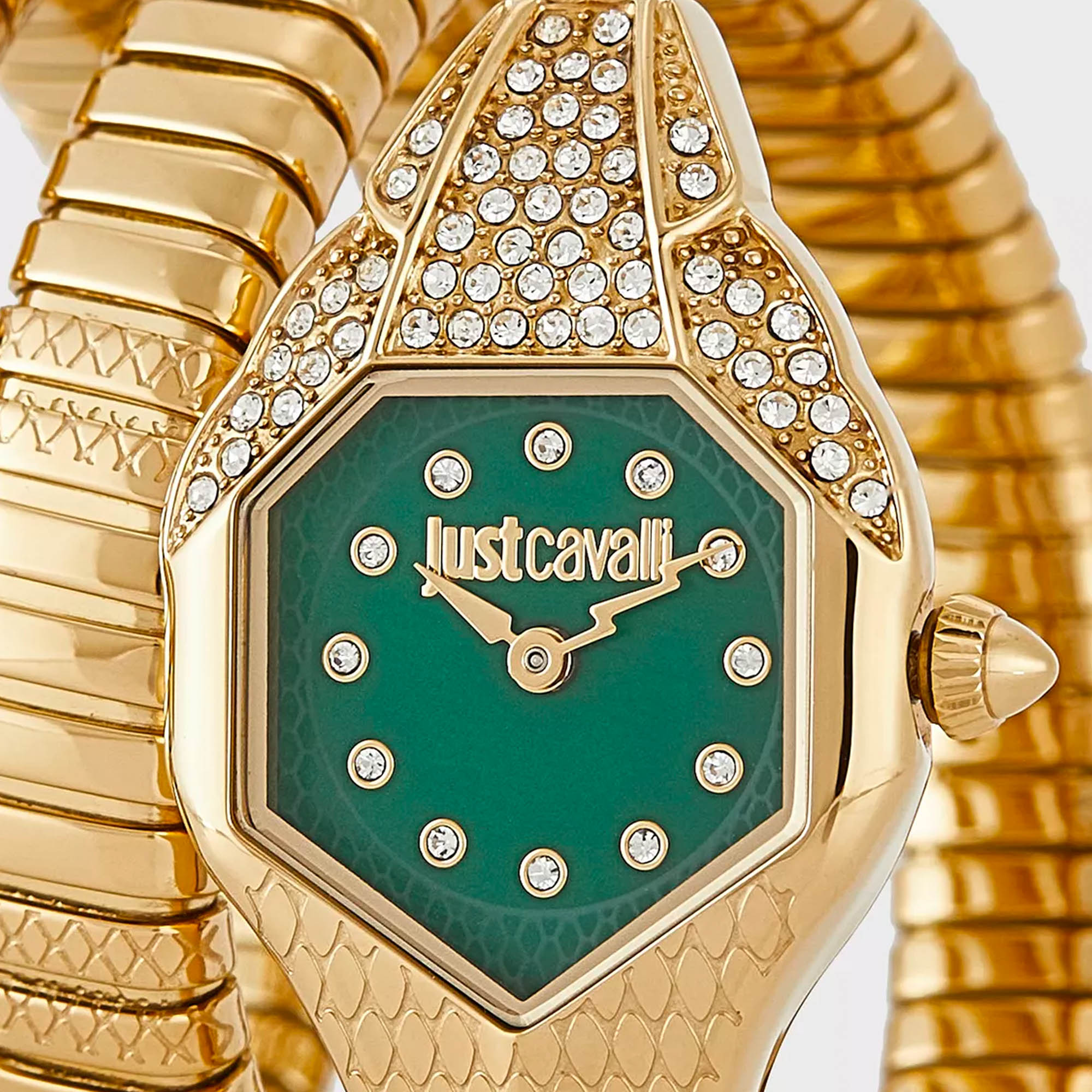 

Just Cavalli Green Gold Plated Stainless Steel Crystal Embellished Signature Snake Glam Evo 7 JC1L193M0035 Women's Wristwatch 22 mm