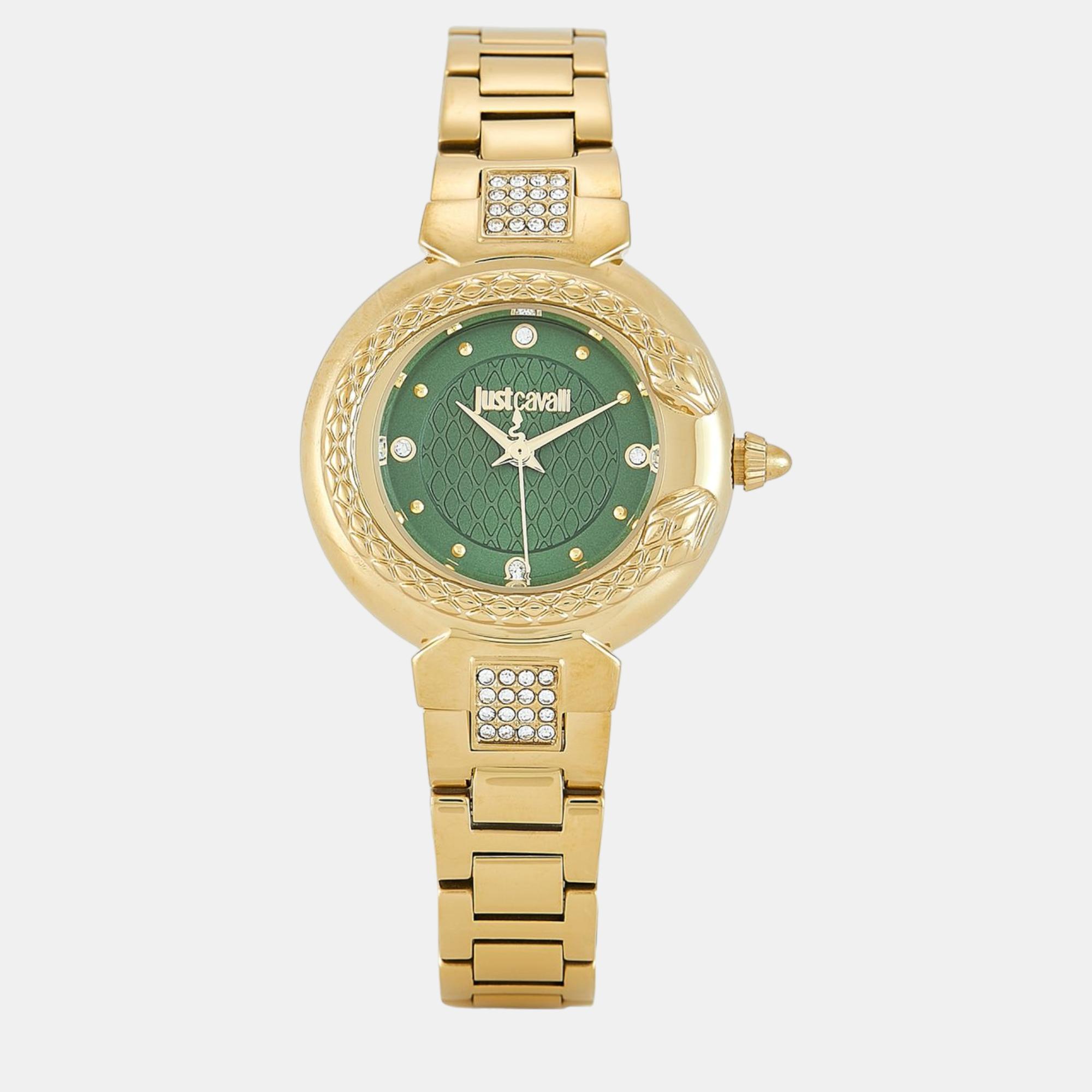 Pre-owned Just Cavalli Gold Steel Watch In Green