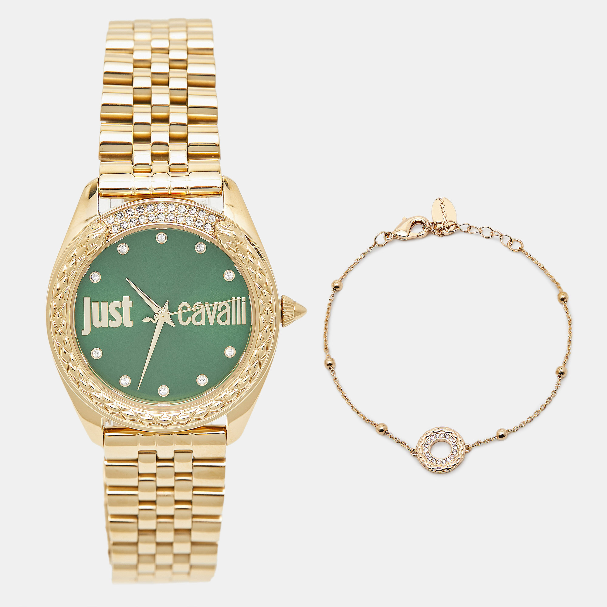 Pre-owned Just Cavalli Green Gold Plated Stainless Steel Crystal Brillante Jc1l195m0075 Women's Wristwatch Set 34 Mm