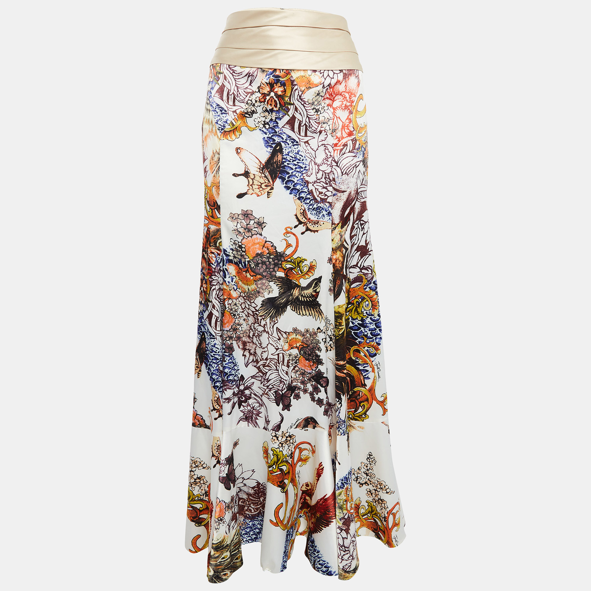 

Just Cavalli Cream Floral Print Satin Flared Maxi Skirt L