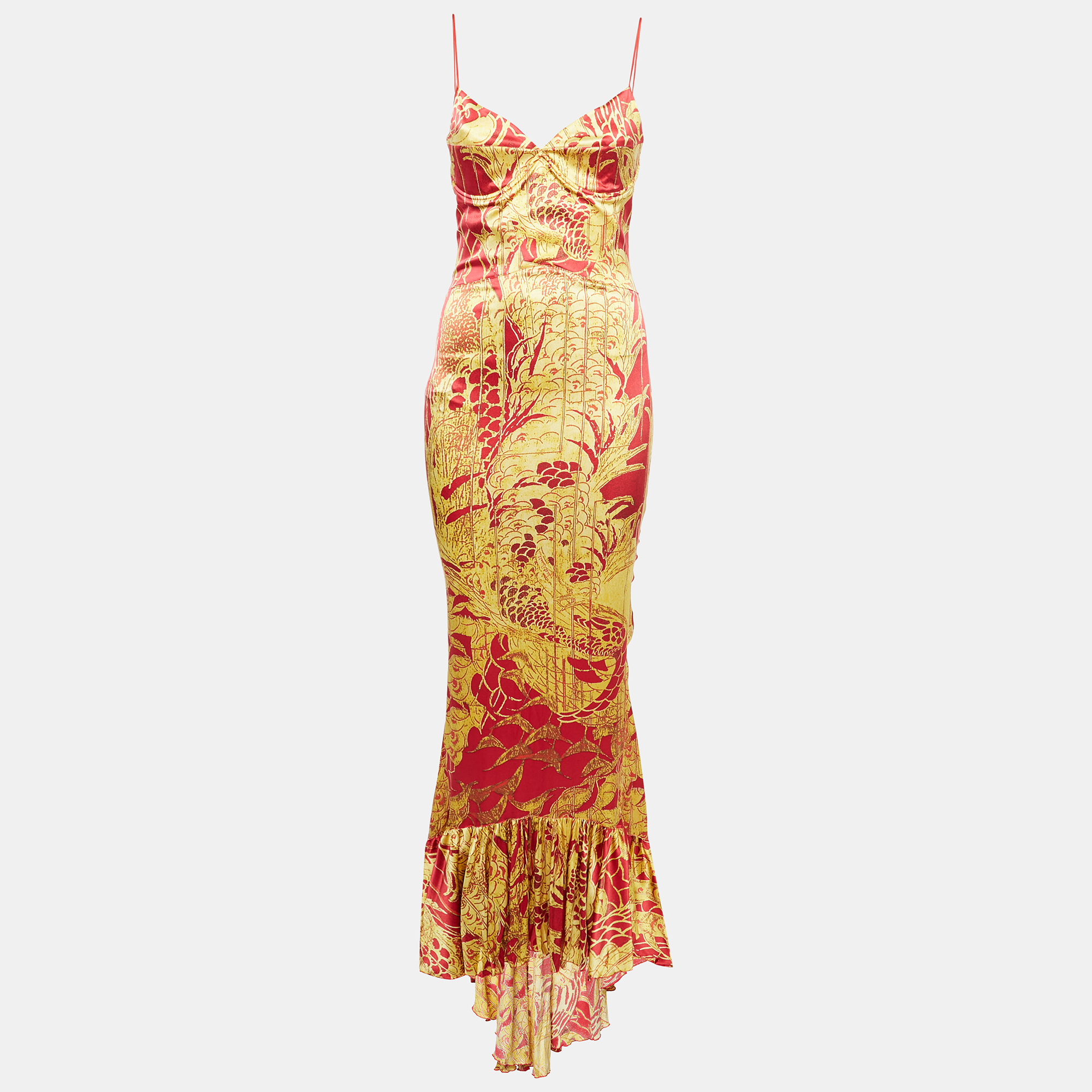 Pre-owned Just Cavalli Yellow/red Print Satin Sleeveless Gown M