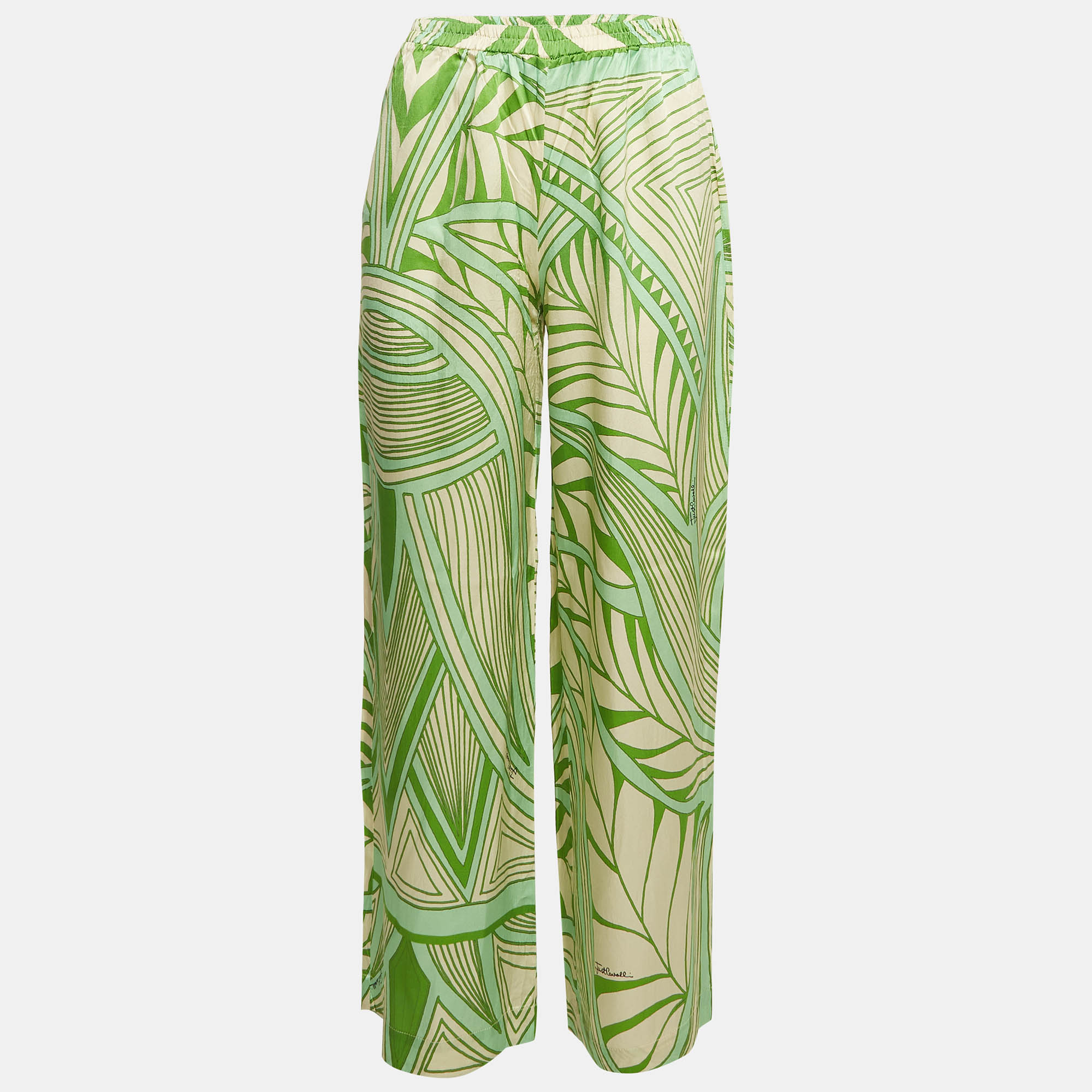 Pre-owned Just Cavalli Green Printed Silk Wide-leg Pants M