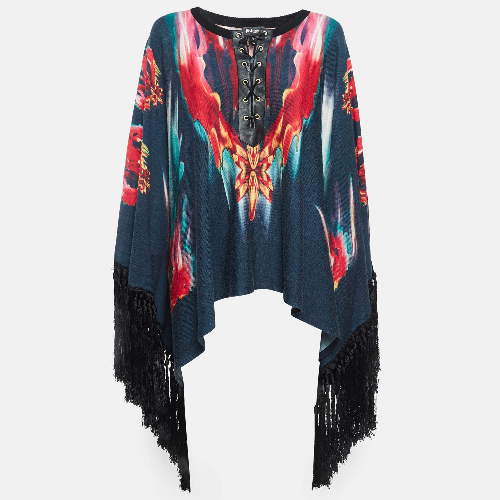 

Just Cavalli Navy Blue Printed Knit Fringed Lace-Up Poncho Top M