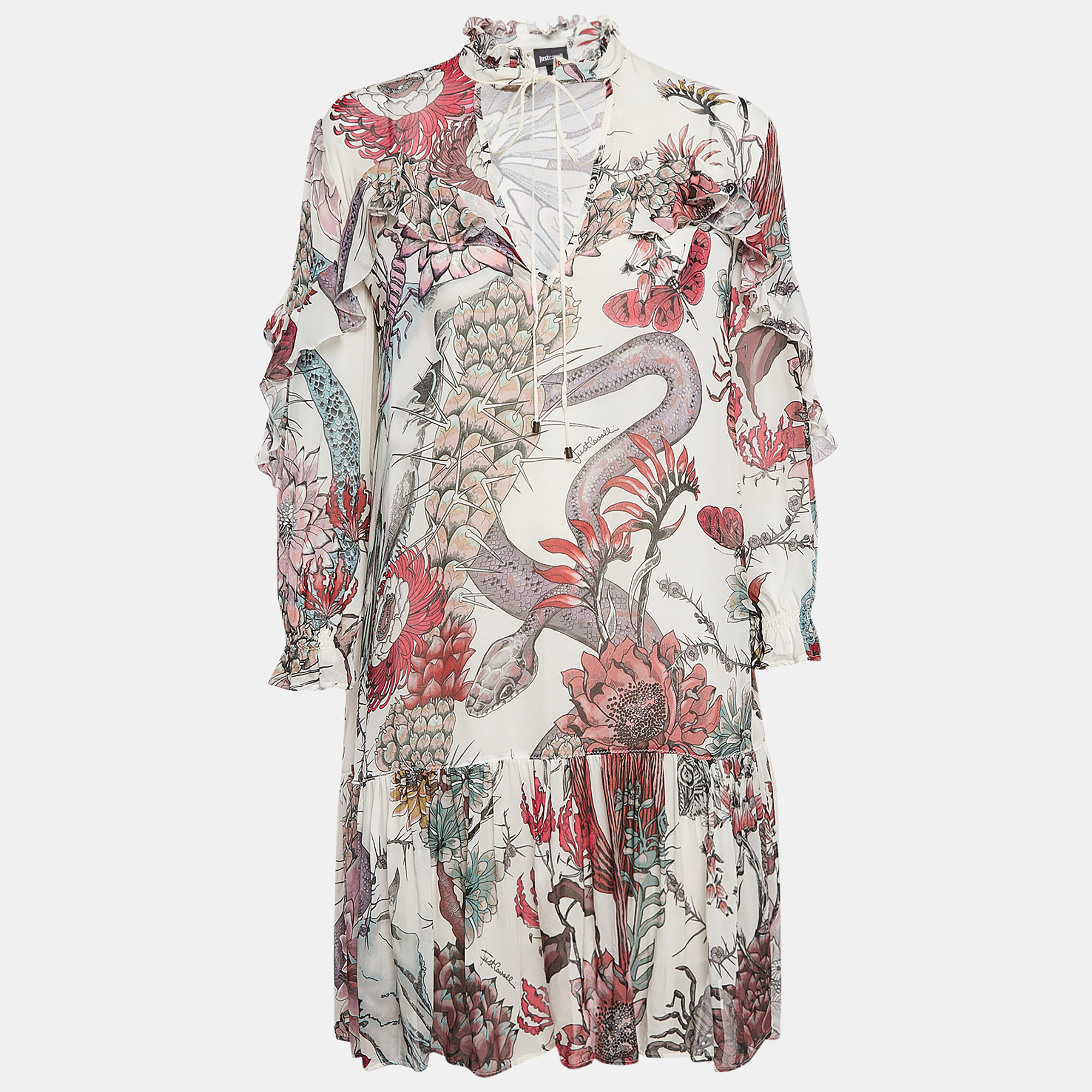 

Just Cavalli Multicolor Printed Crepe Tie-Up Neck Mini Dress M