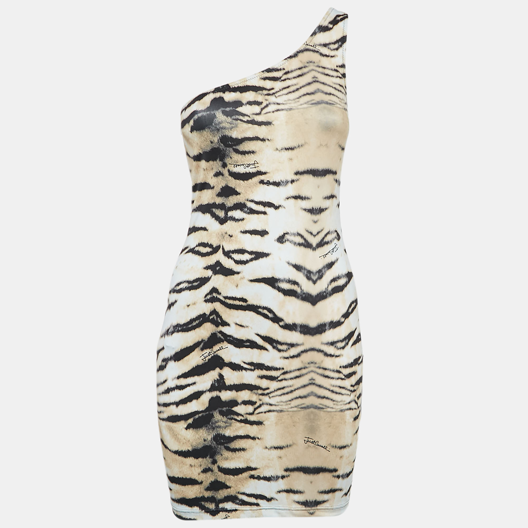 

Just Cavalli Beachwear Beige Tiger Print Jersey One Shoulder Mini Dress S