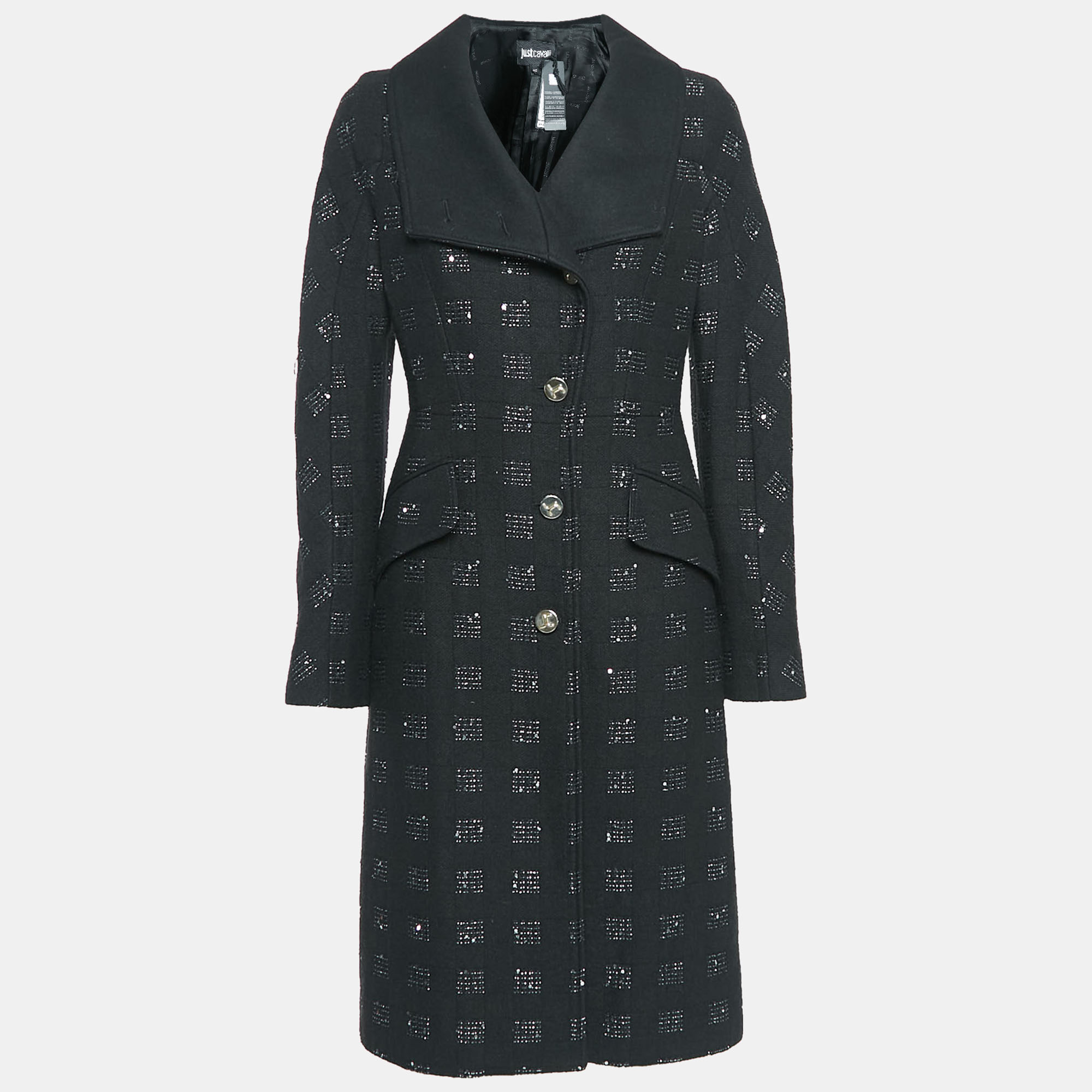 

Just Cavalli Black Embellished Wool Blend Long Coat S