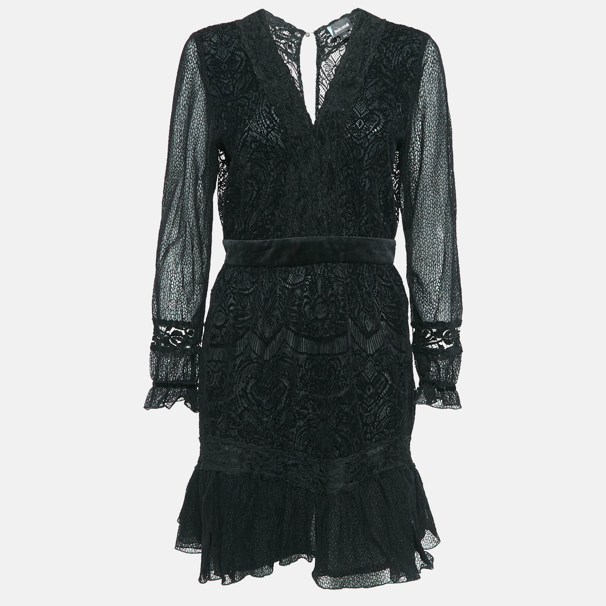 

Just Cavalli Black Flock Lace Long Sleeve Short Dress M