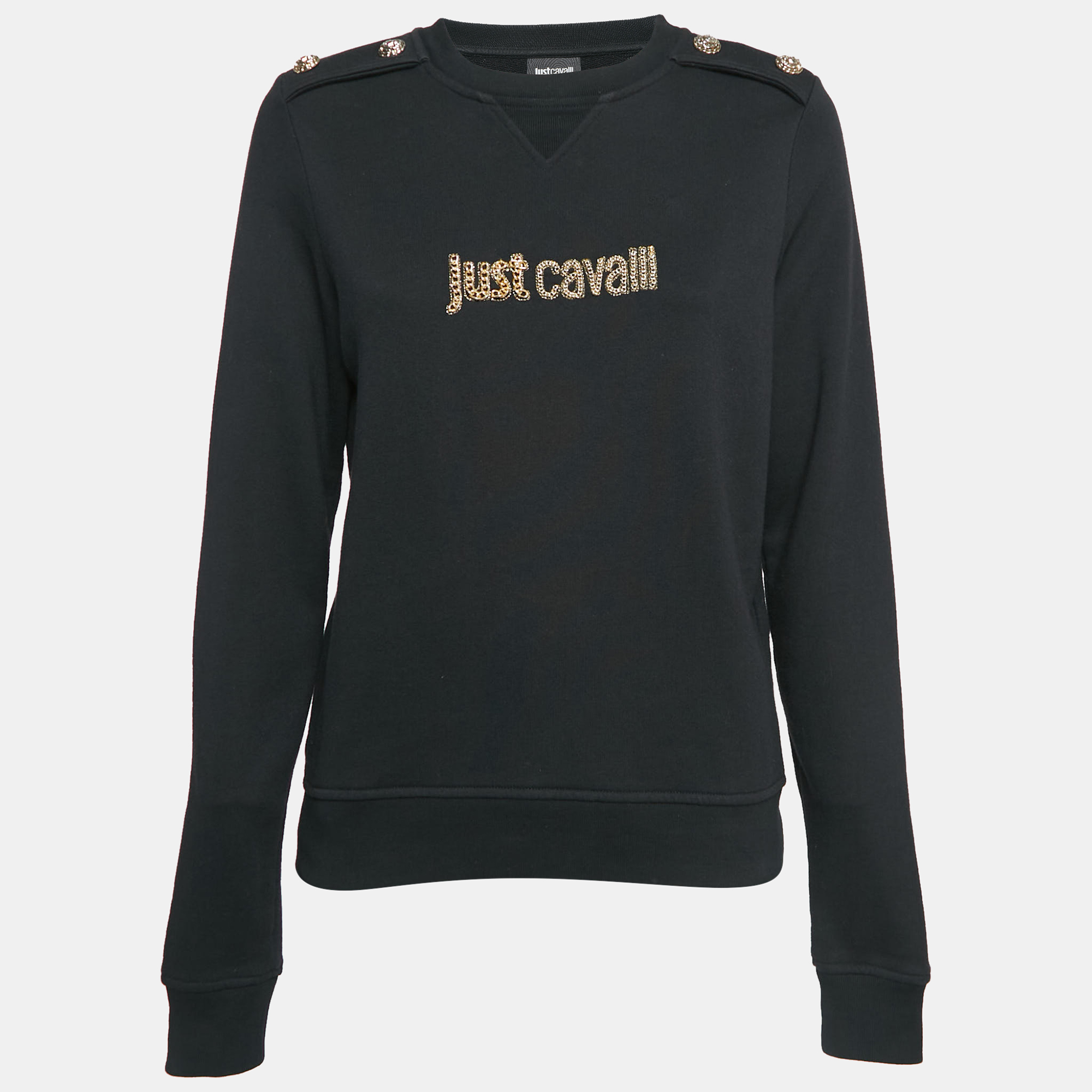 

Just Cavalli Black Logo Chain Embellished Cotton Knit Sweatshirt S