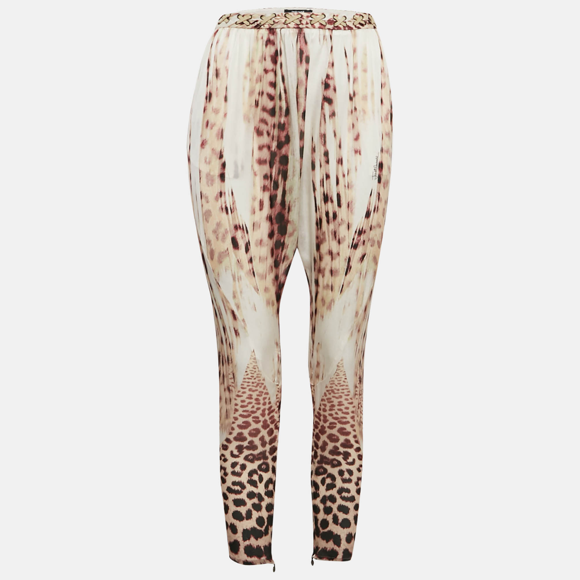 

Just Cavalli Multicolor Leopard Print Silk Waist Detail Pants S