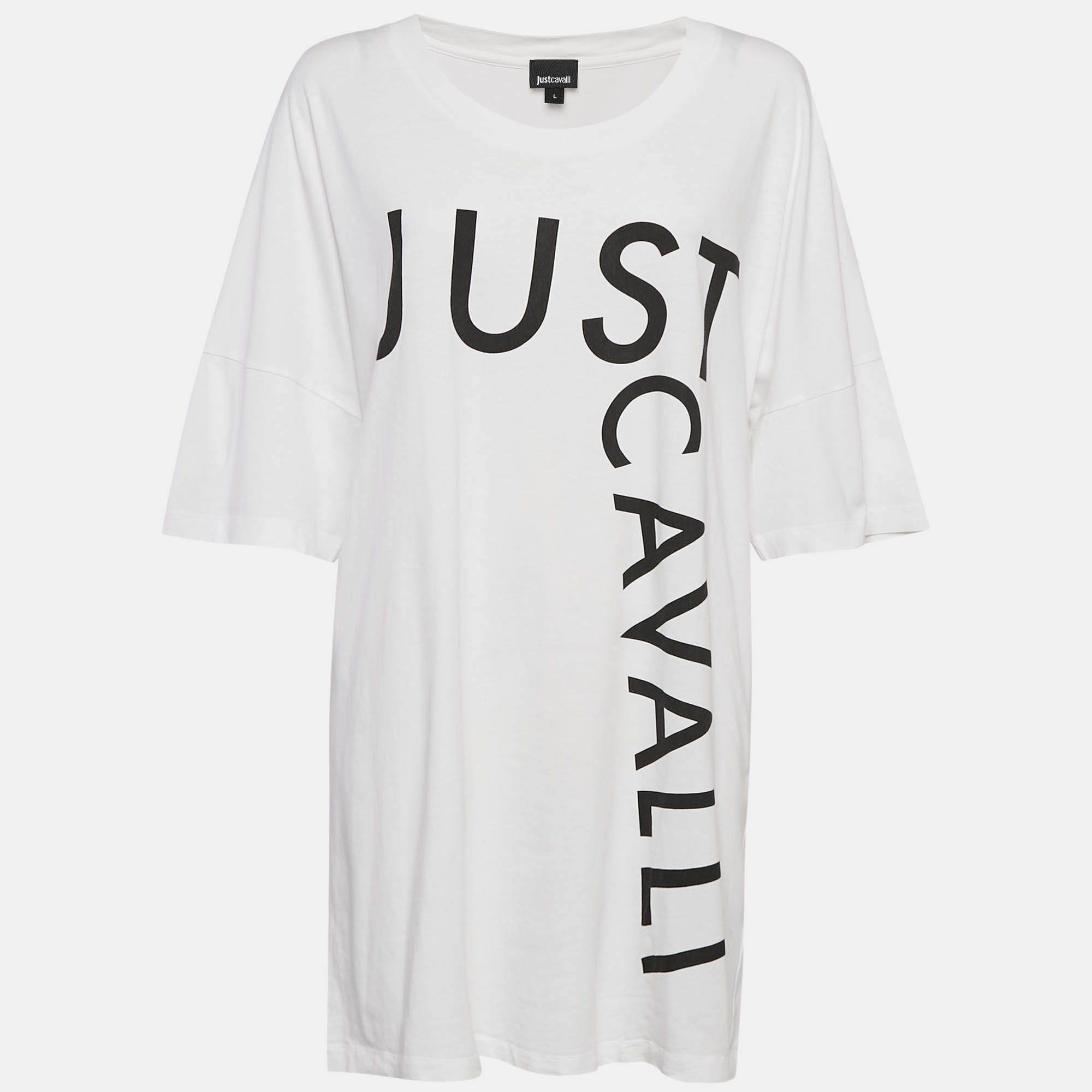 

Just Cavalli White Logo Print Cotton T-Shirt Dress L