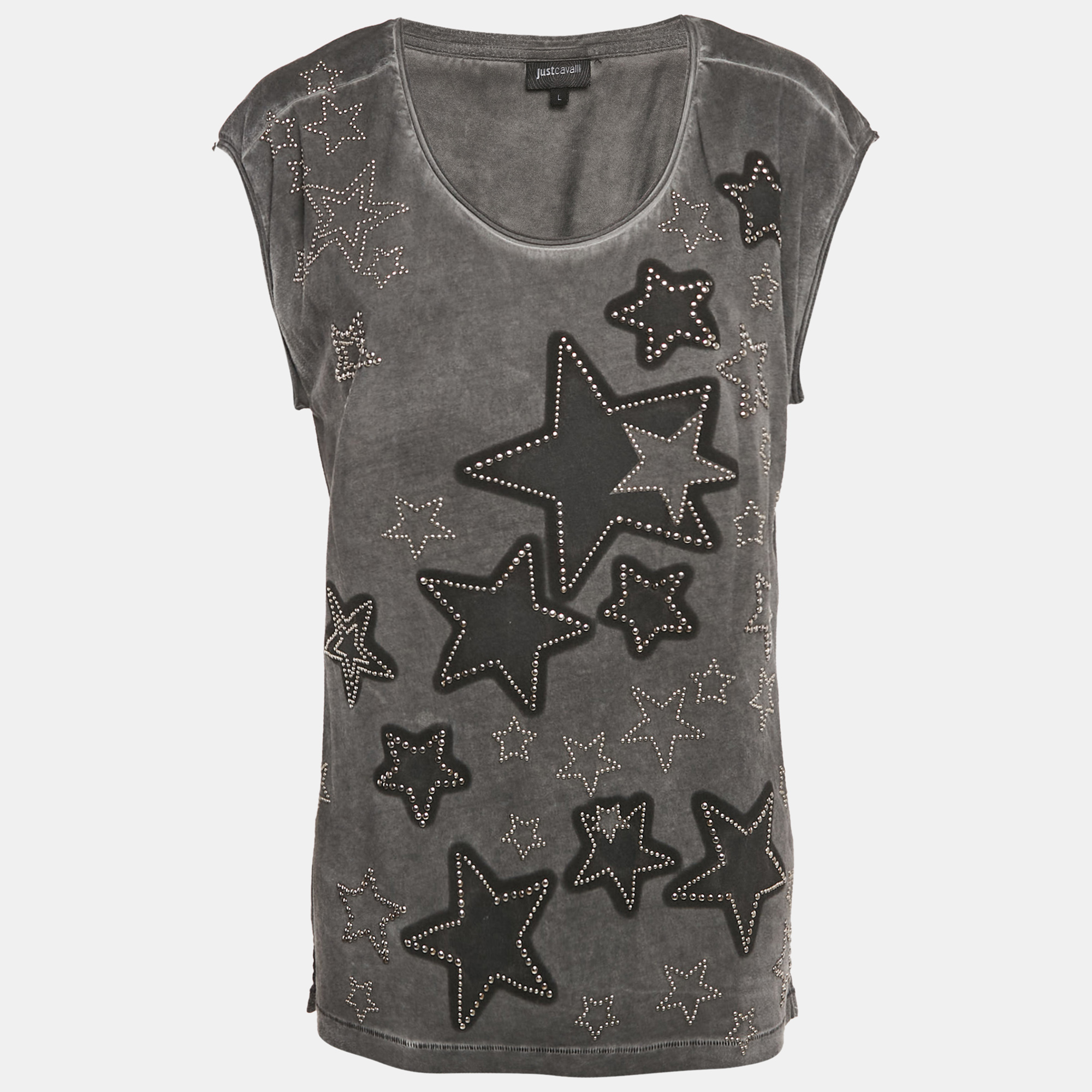 

Just Cavalli Grey Star Studded Cotton Sleeveless T-Shirt L