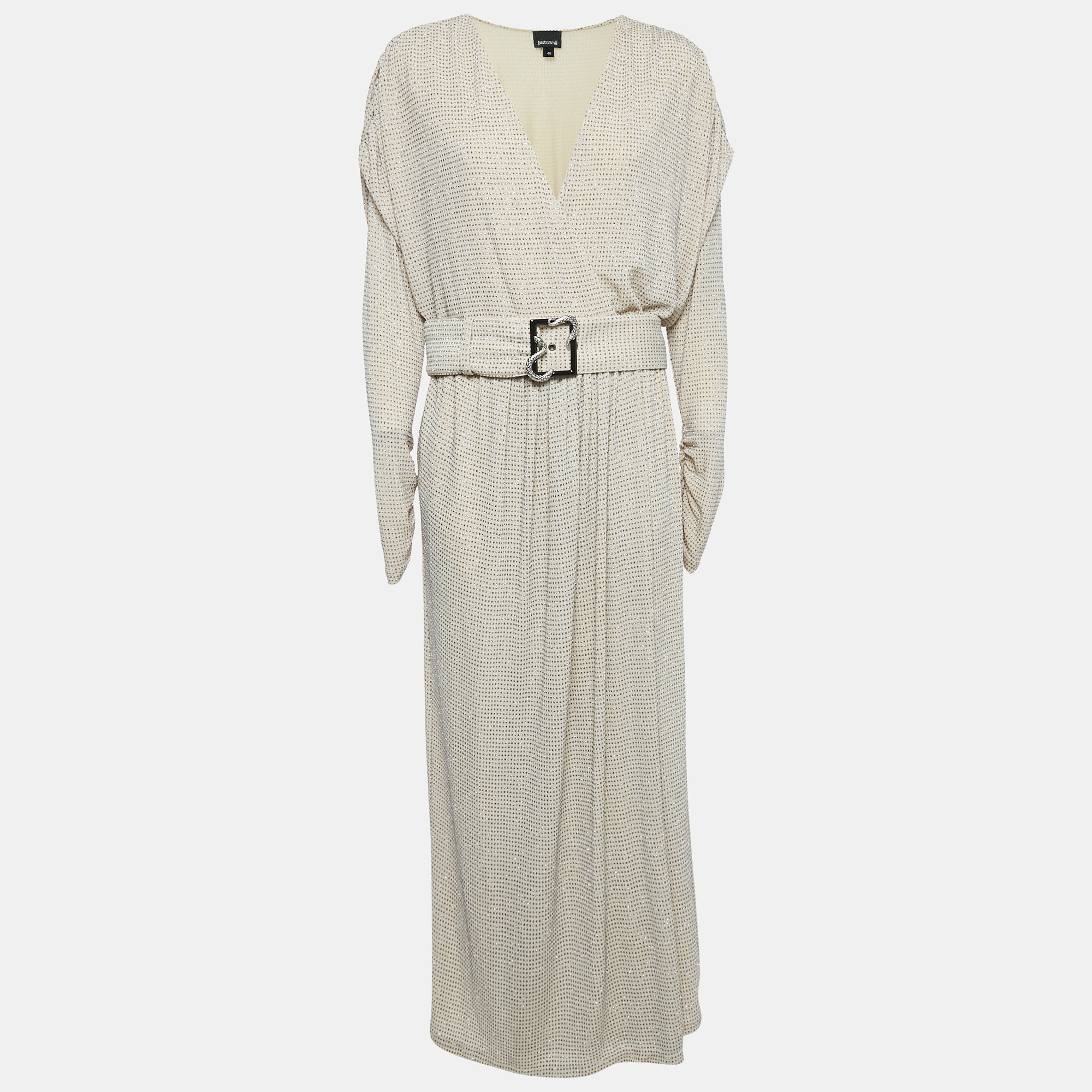 

Just Cavalli Cream Glitter Embellished Jersey Belted Wrap Style Maxi Dress L