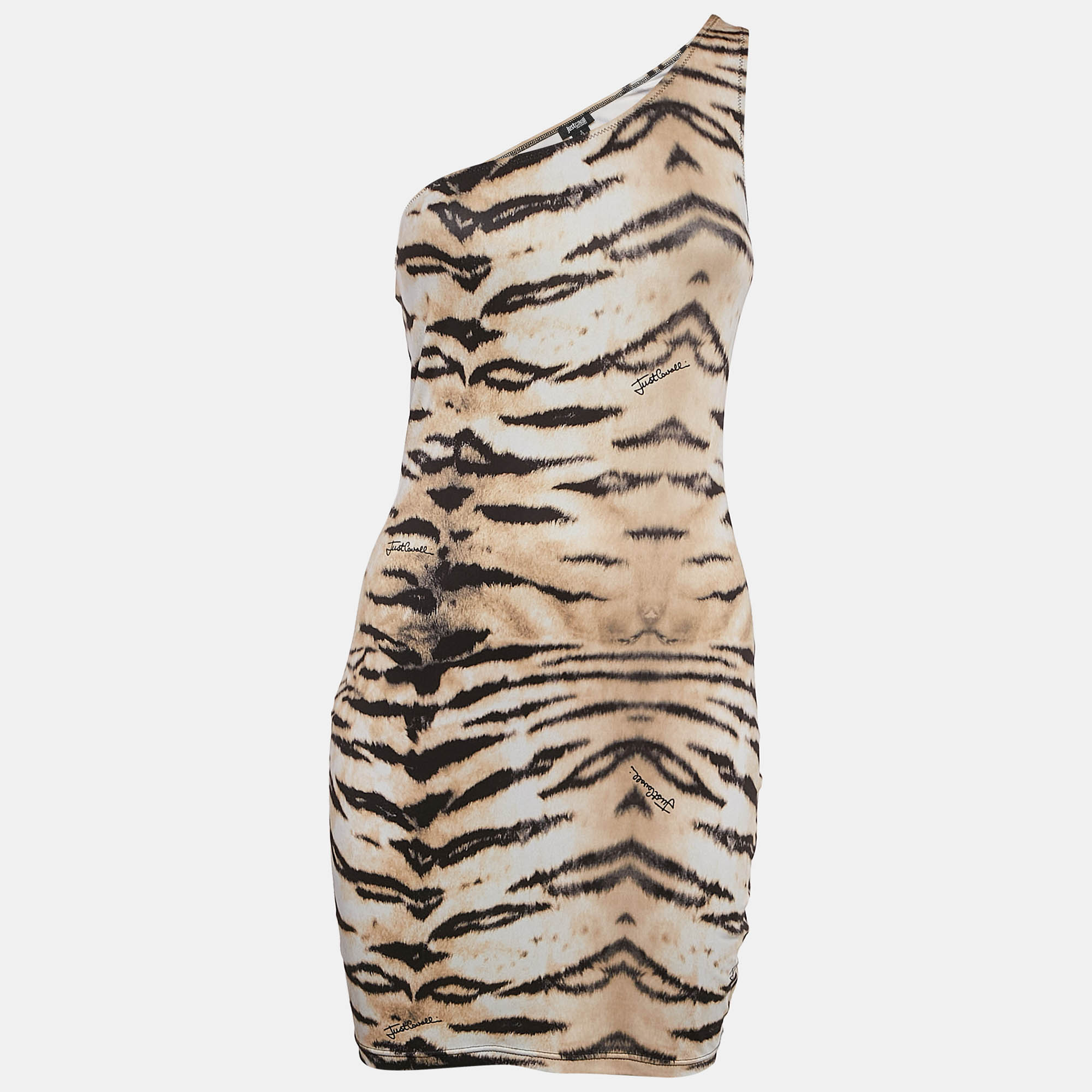 

Just Cavalli Brown Tiger Print Jersey One Shoulder Bodycon Dress S