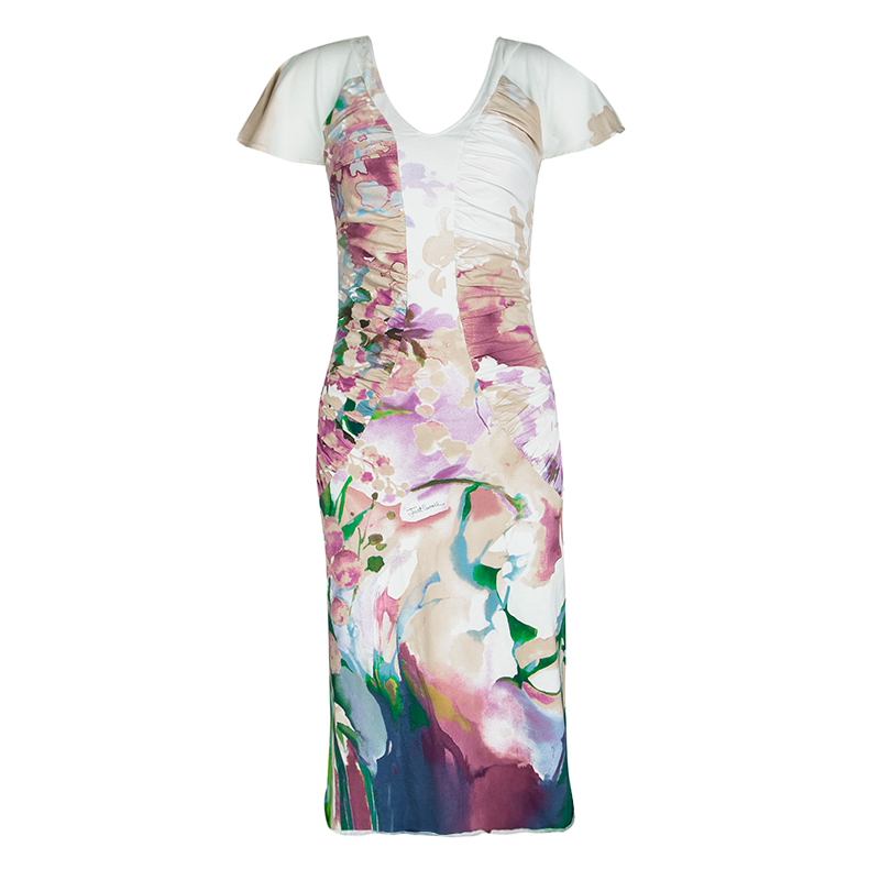 Pre Owned فستان جست كافالي ألوان مائية موردة مطبوعة بكشكشة مزينة رقبة حرف V مقاس M