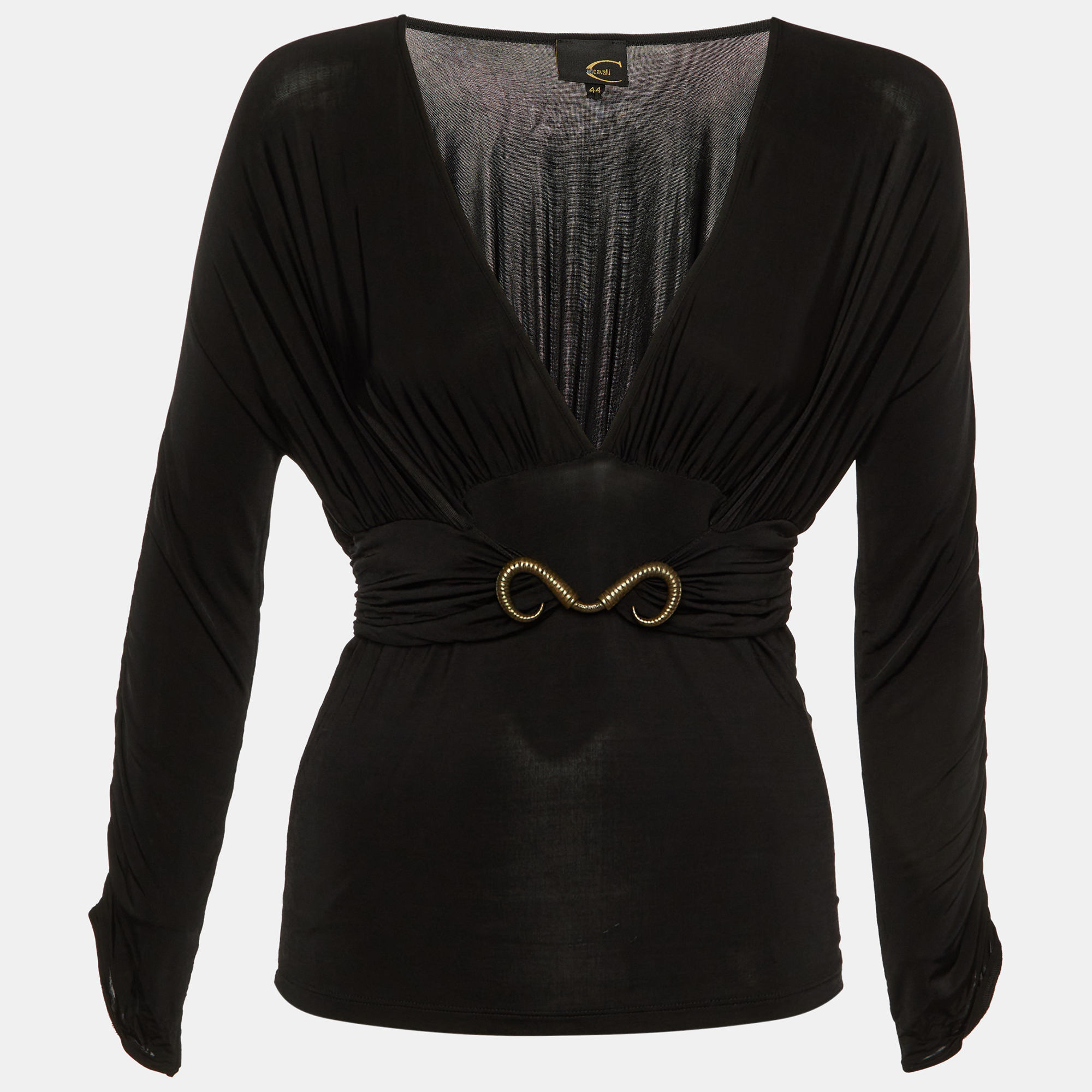 

Just Cavalli Black Jersey Gathered Brooch Detail V-Neck Top M
