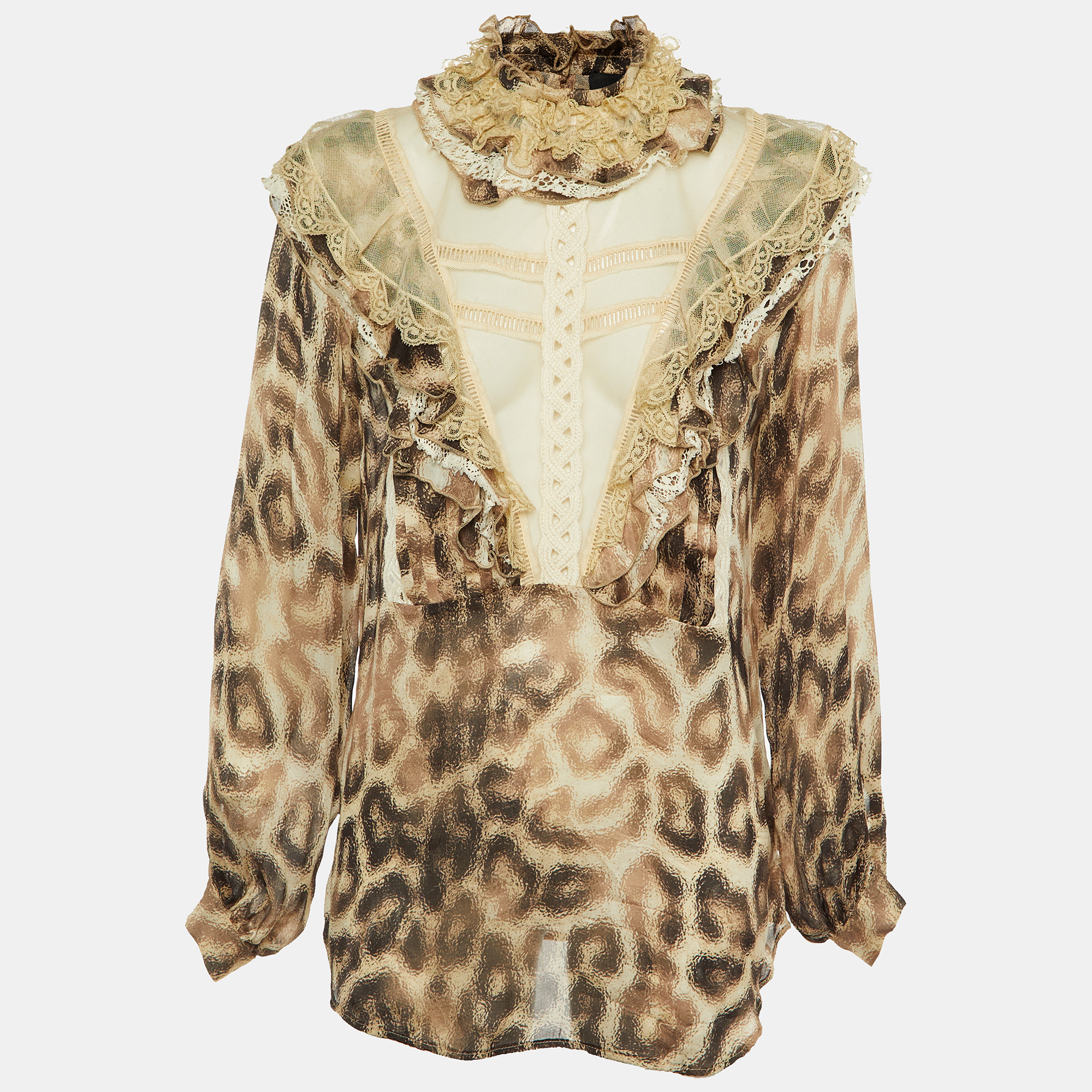 

Just Cavalli Beige Animal Print Silk Lace Trim Ruffled Top S