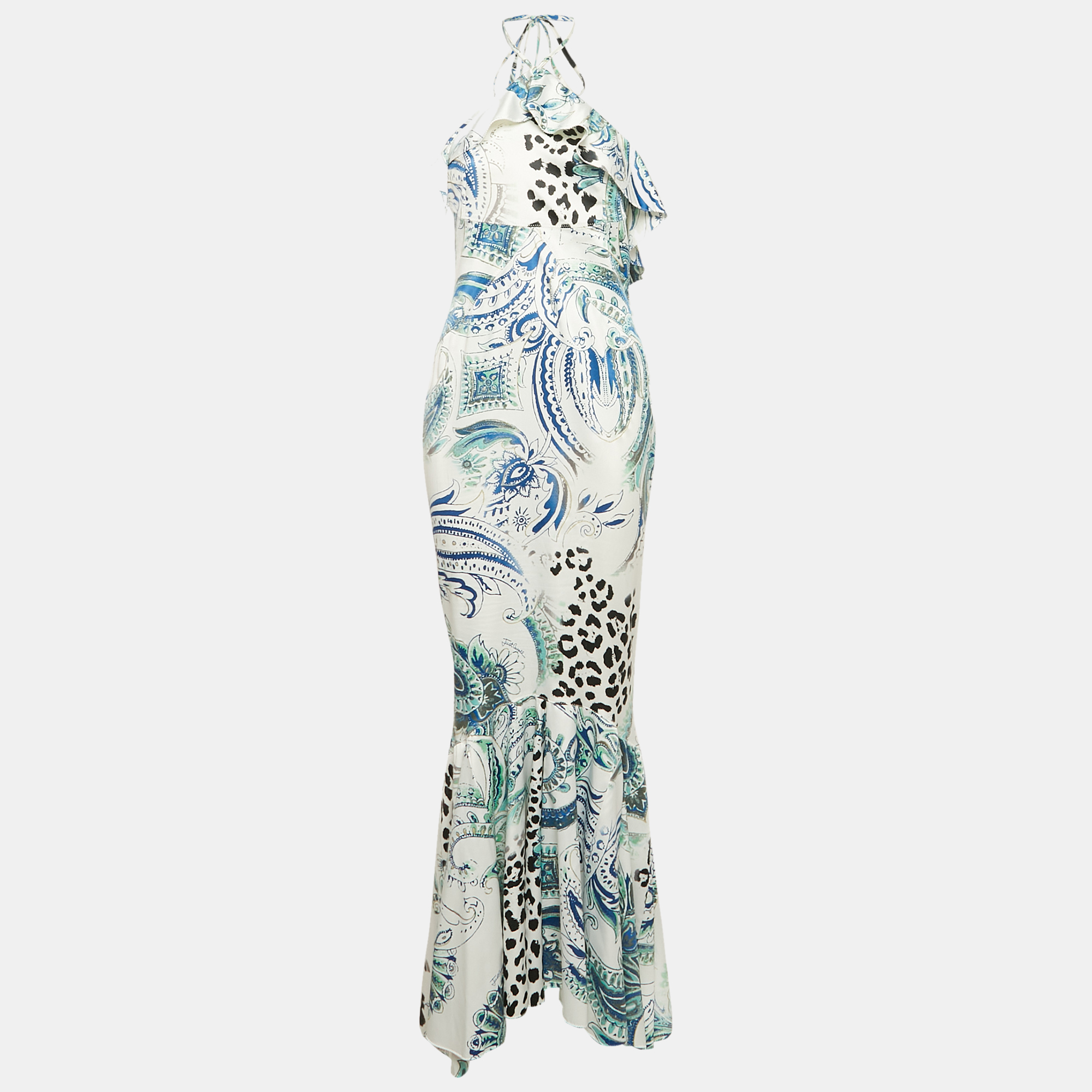 

Just Cavalli White Printed Satin Asymmetric Halter Maxi Dress M