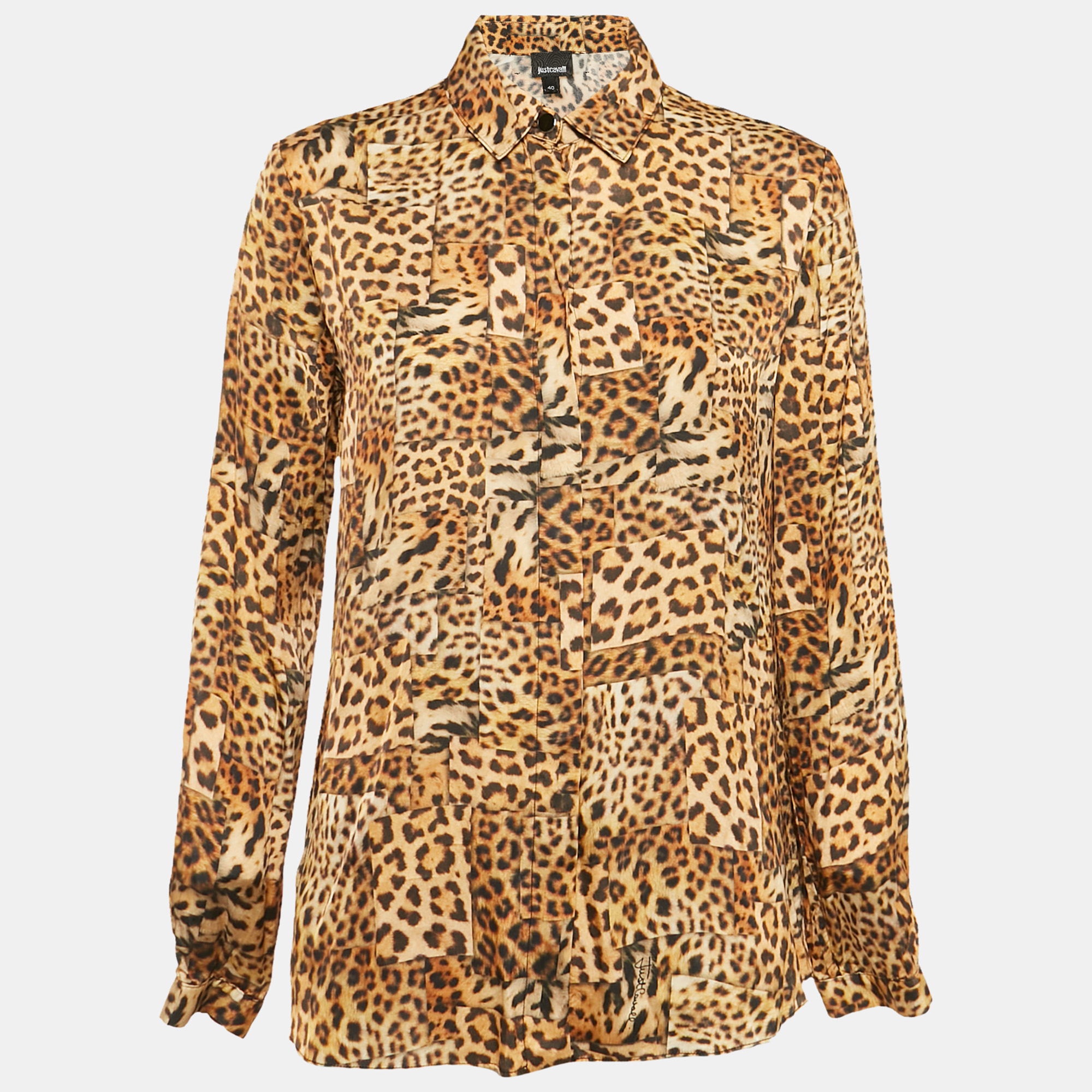 

Just Cavalli Brown Satin Leopard Print Button Front Shirt S