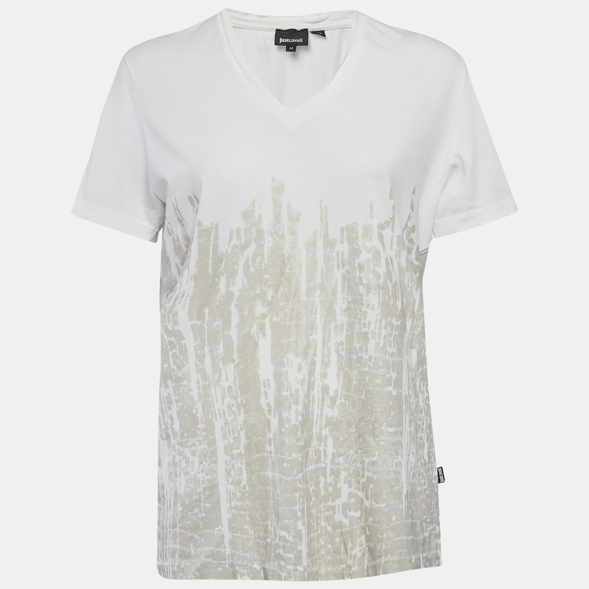 

Just Cavalli Off White Printed Cotton Blend V- Neck T-Shirt M
