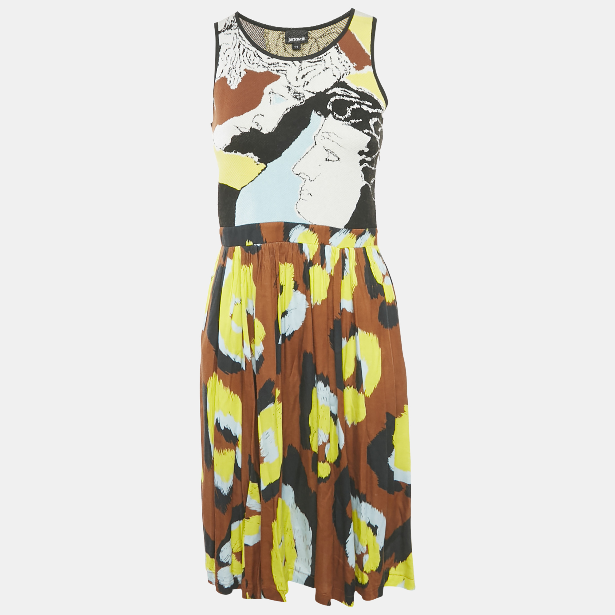 

Just Cavalli Yellow/Brown Printed Knit and Crepe Short Mini Dress M