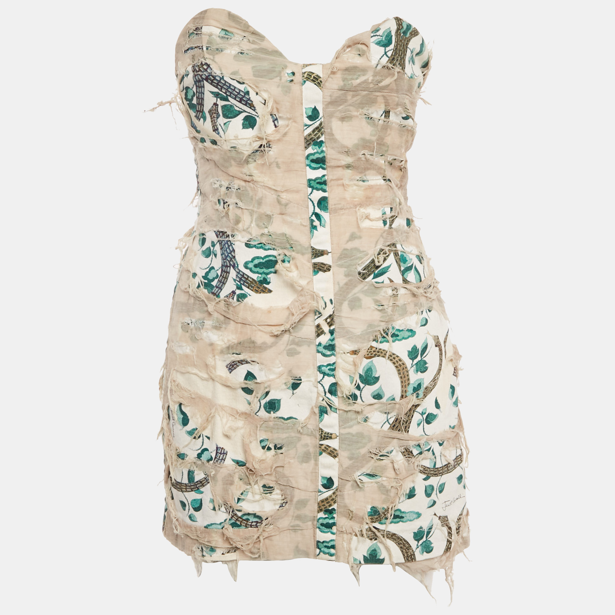 Pre-owned Just Cavalli Off-white Printed Canvas Distressed Strapless Mini Dress S