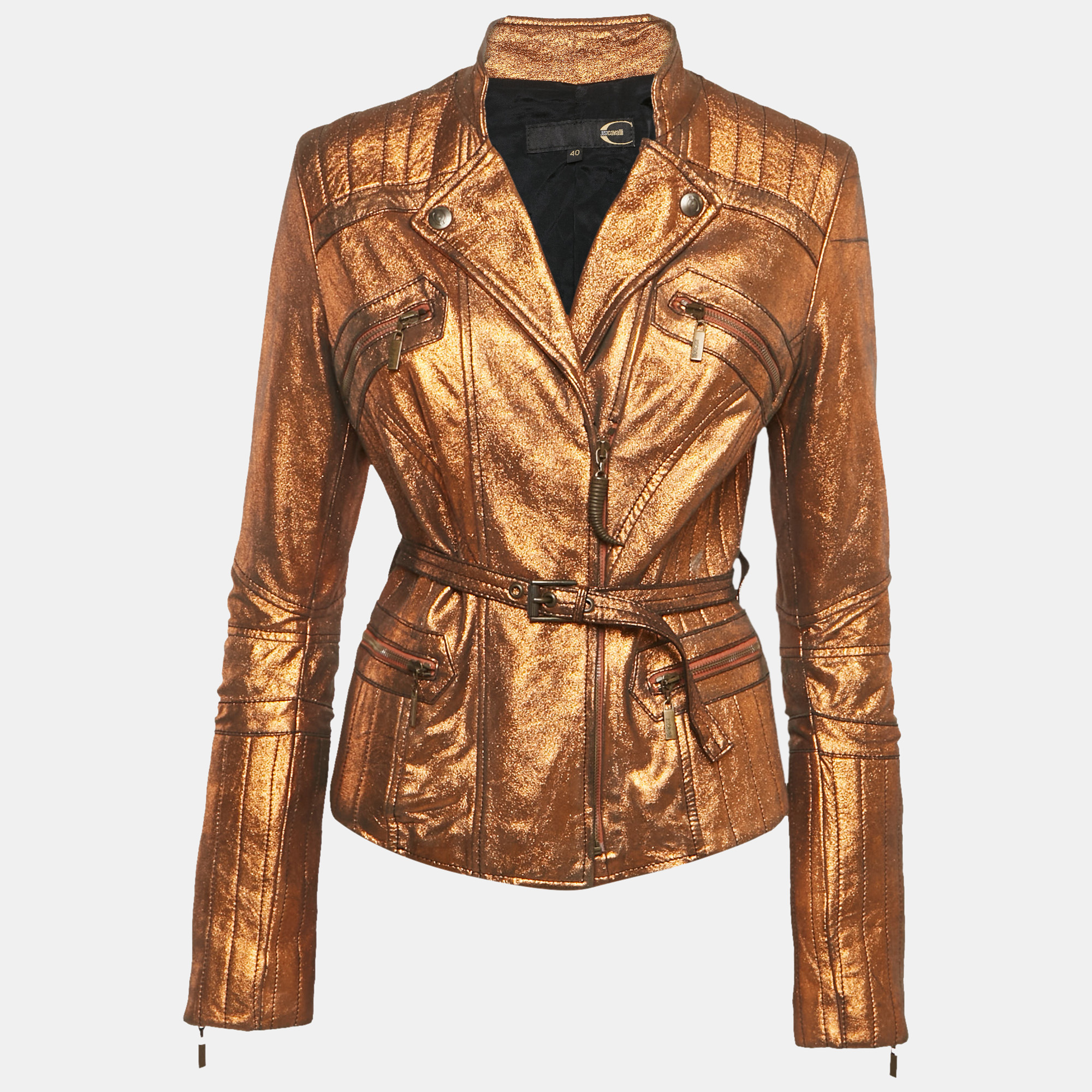 

Just Cavalli Metallic Leather Zip-Up Biker Jacket S