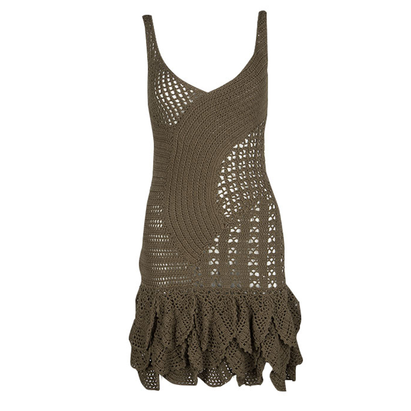 Just Cavalli Brown Crochet Ruffle Bottom Sleeveless Dress S