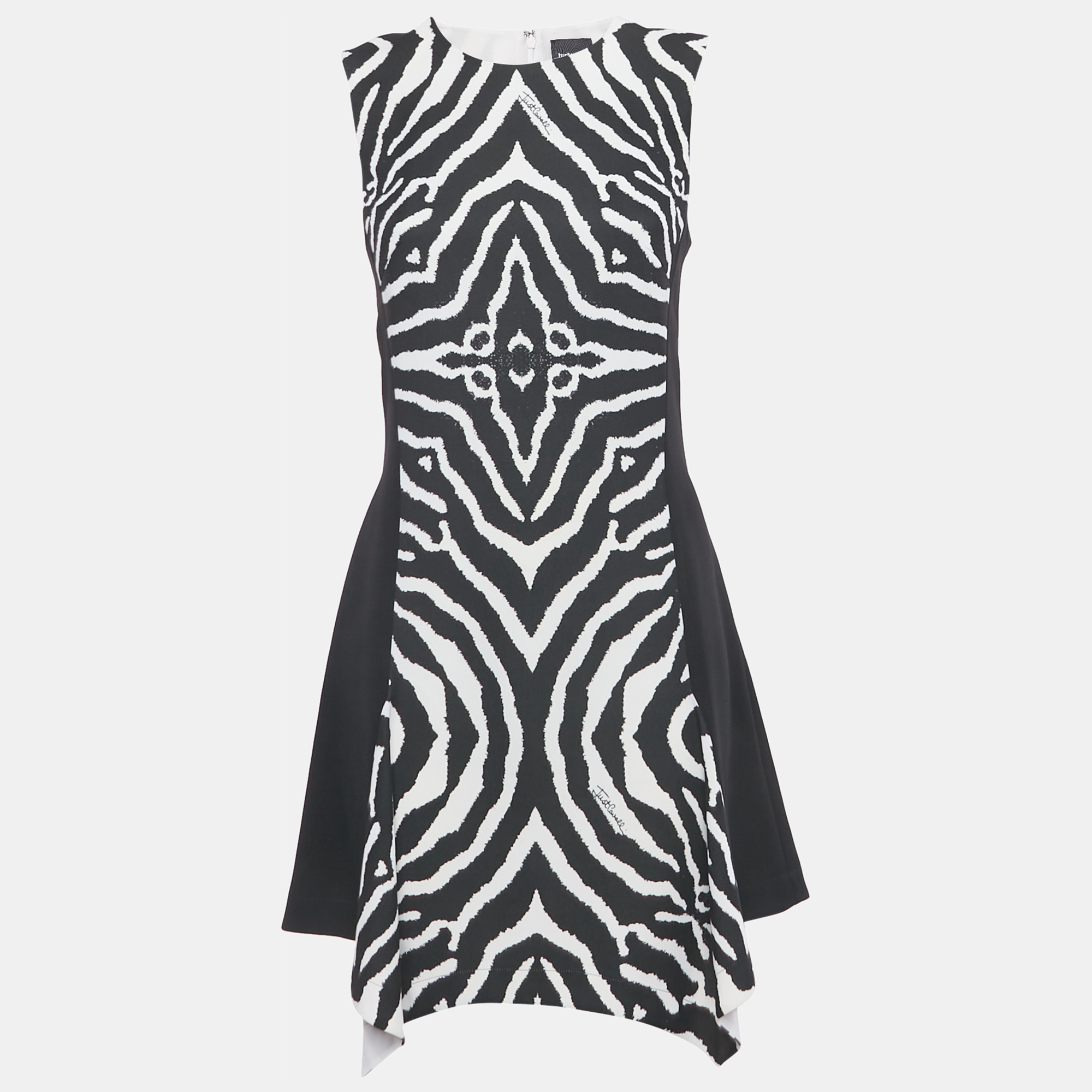 Pre-owned Just Cavalli Black Animal Print Crepe Asymmetrical Short Dress M