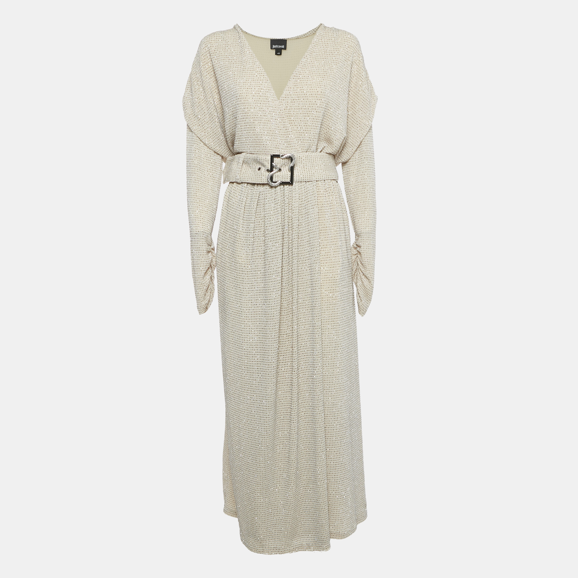 

Just Cavalli Cream Lurex Knit Belted Maxi Dress L