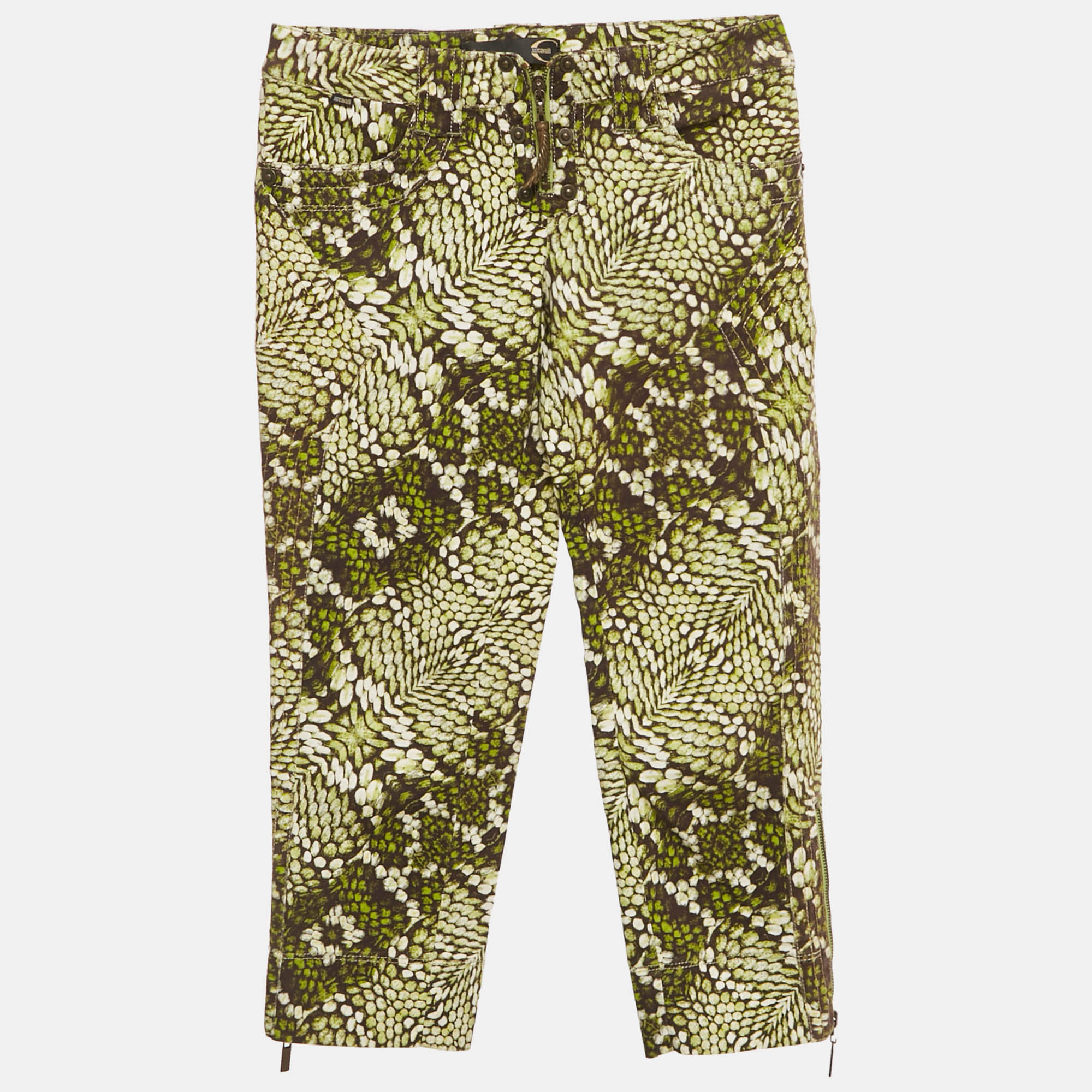 Pre-owned Just Cavalli Brown /green Snake Print Denim Charm Detail Capri Pants M