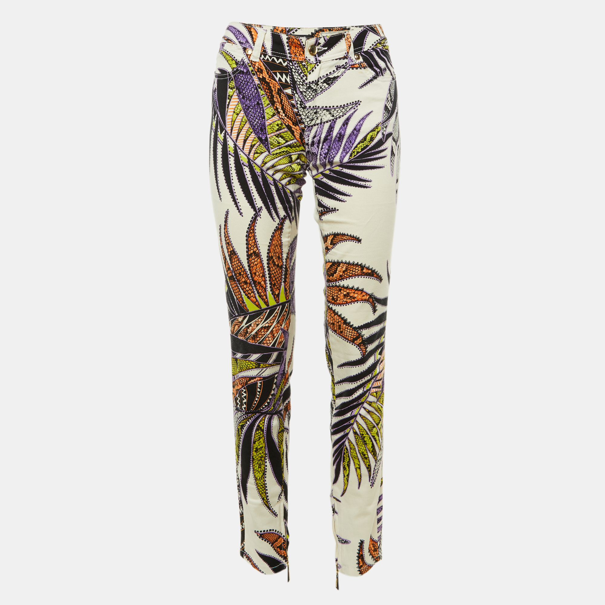 

Just Cavalli White Scale Leaf Print Denim Skinny Jeans M/Waist 32"