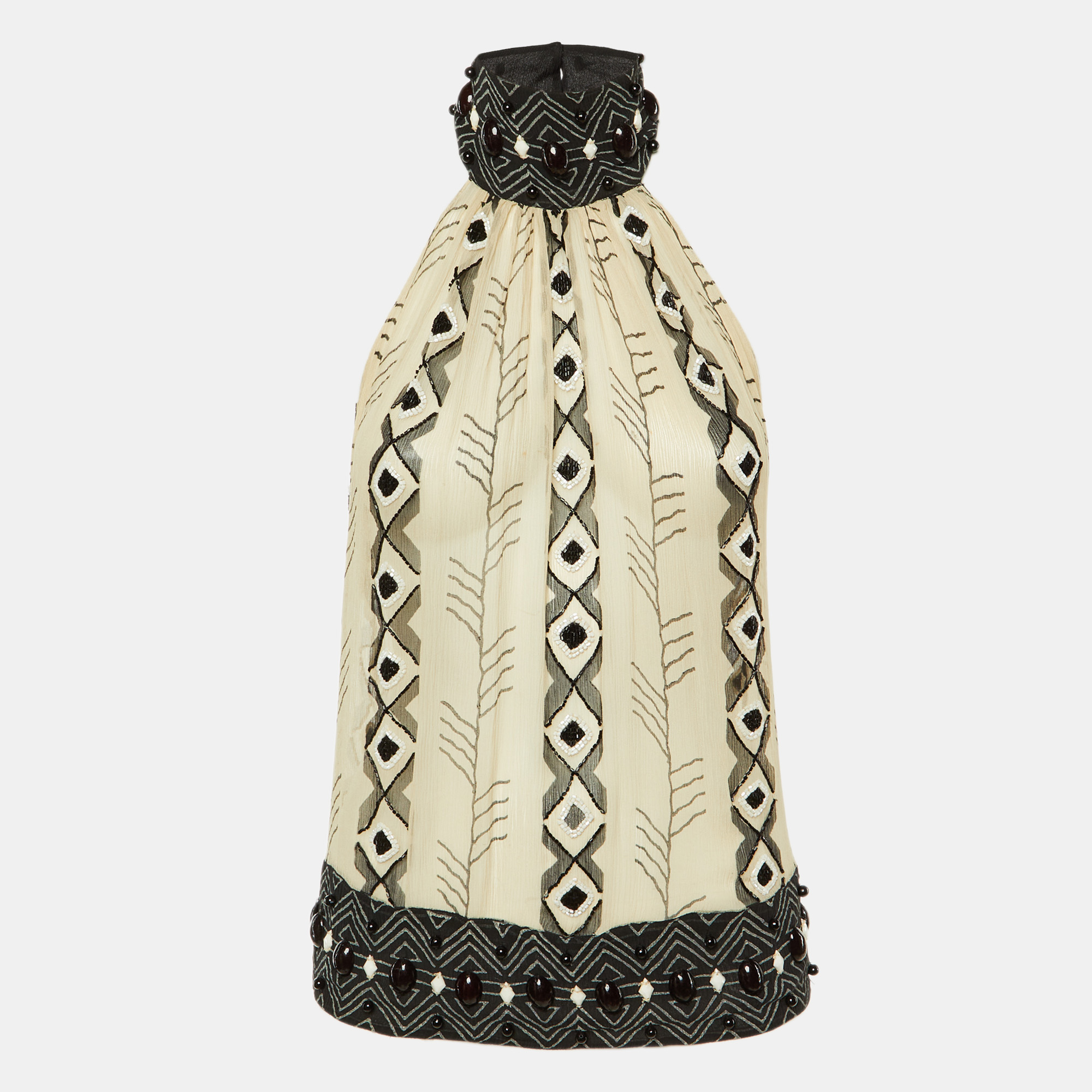 Pre-owned Just Cavalli Beige/black Silk Embellished Sheer Halter Neck Top S In Sand