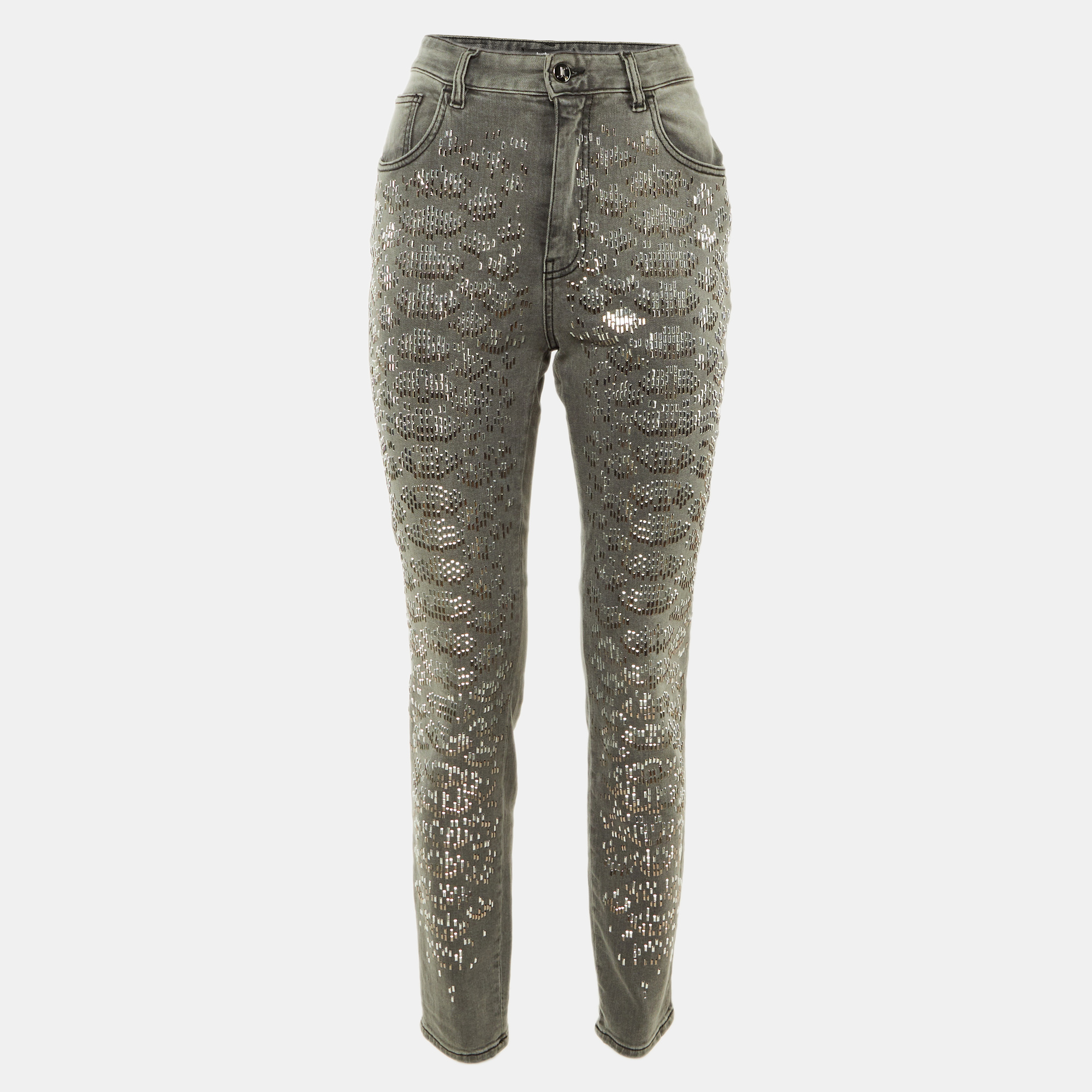 Pre-owned Just Cavalli Grey Denim Stud Embellished Slim High Waist Jeans M/waist 30" In Gray
