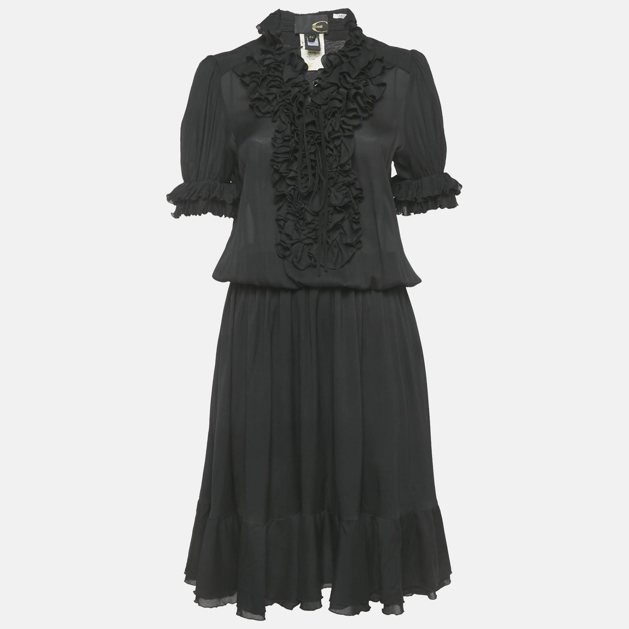

Just Cavalli Black Crepe Frill Detail Sheer Midi Dress M