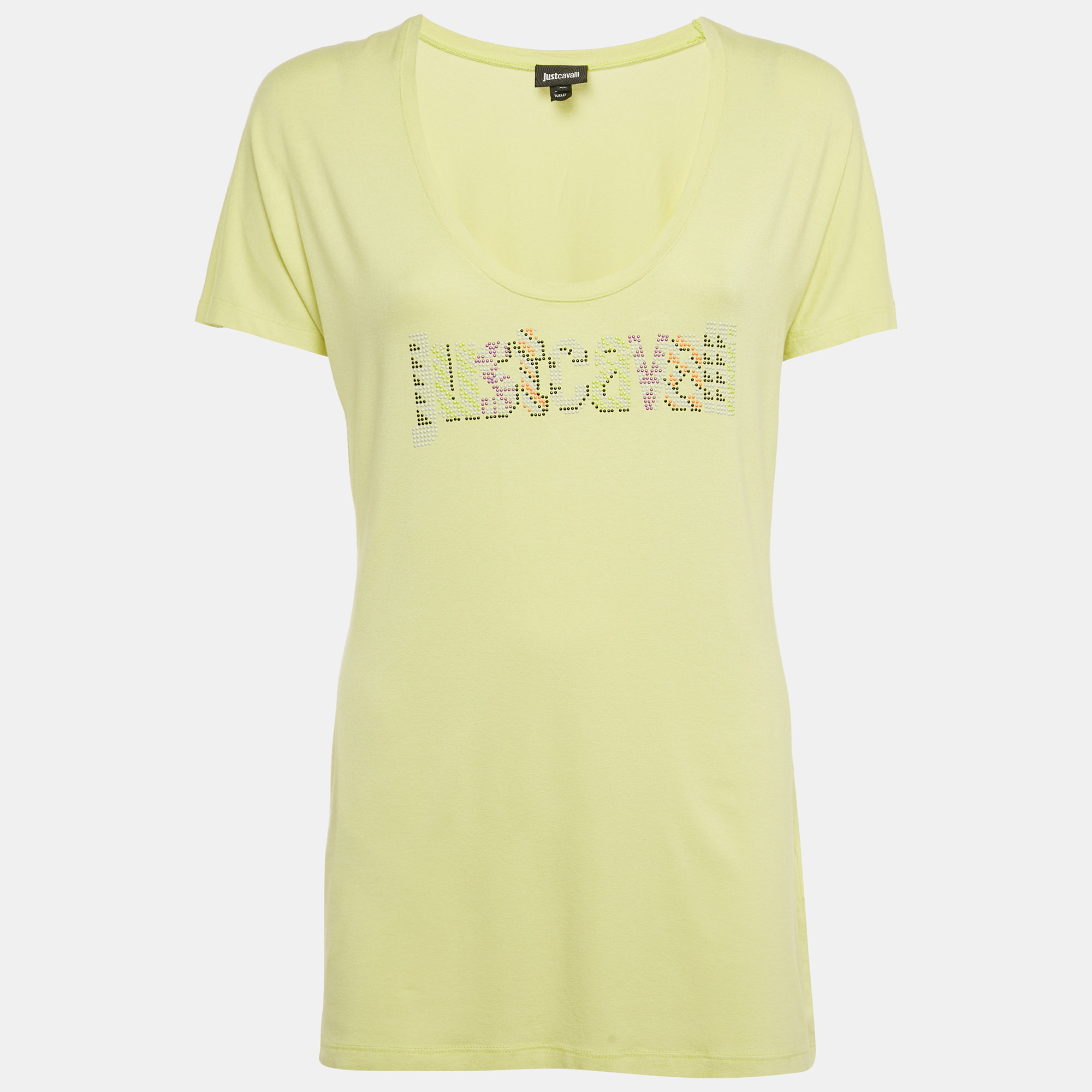 

Just Cavalli Lime Green Logo Embellished Jersey Round Neck T-Shirt XL
