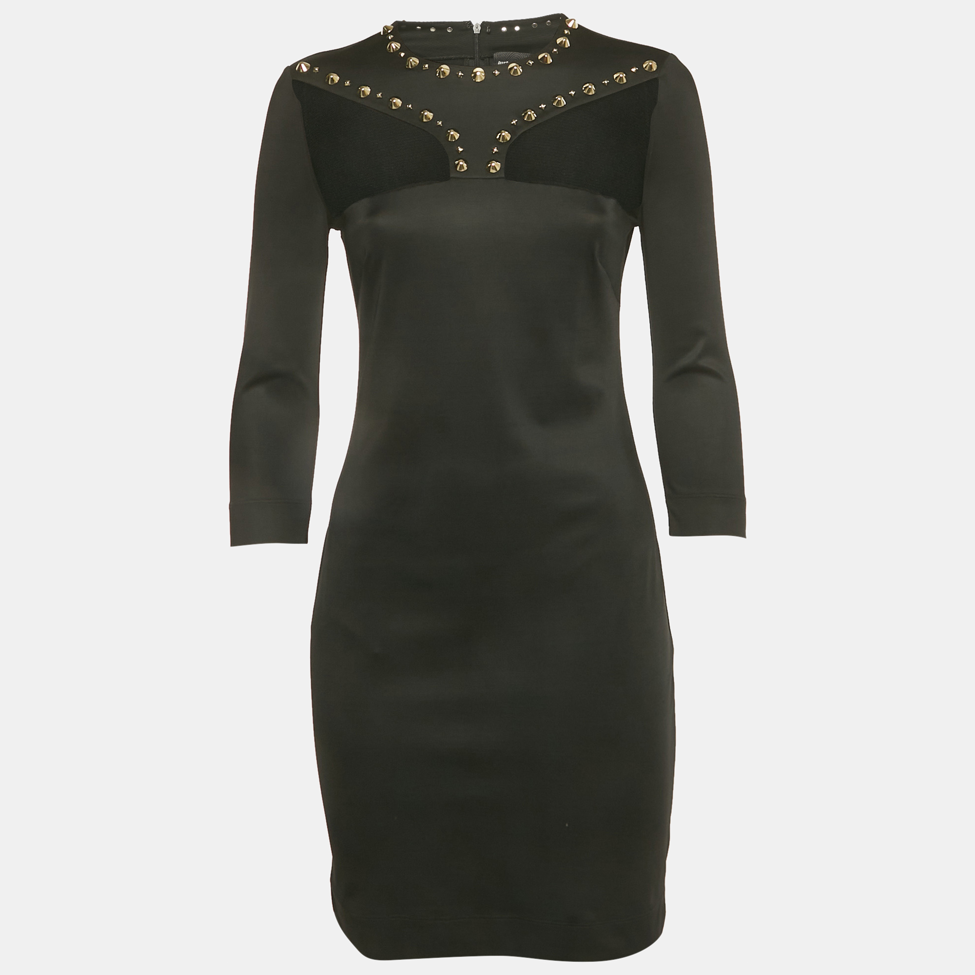 Pre-owned Just Cavalli Black Jersey Stud & Mesh Detail Mini Dress M